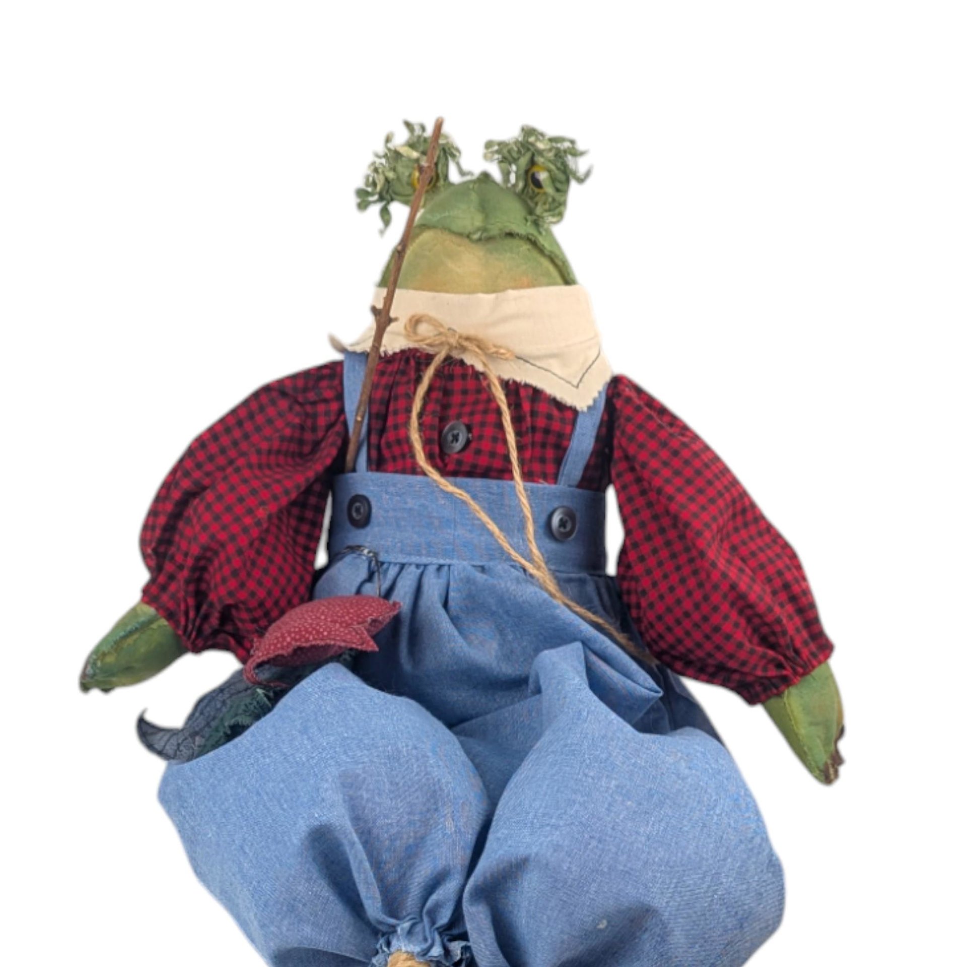 Vintage Fishing Frog Shelf Sitter: Country Folk Art Doll for Cabin Decor