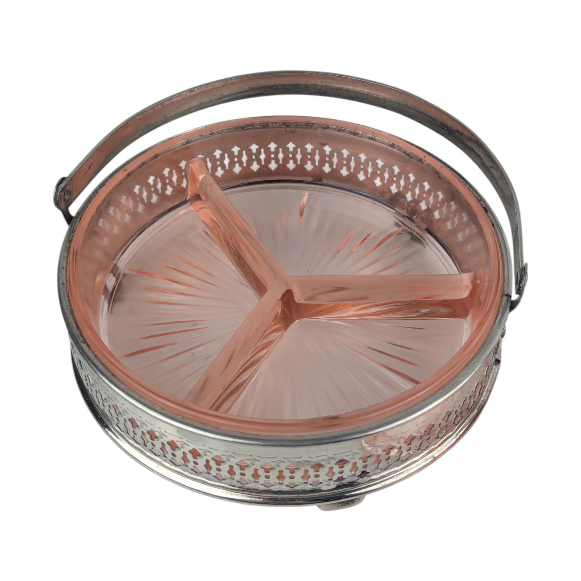 Vintage Pink Glass Relish Dish: Condiment Server with Chrome Caddy