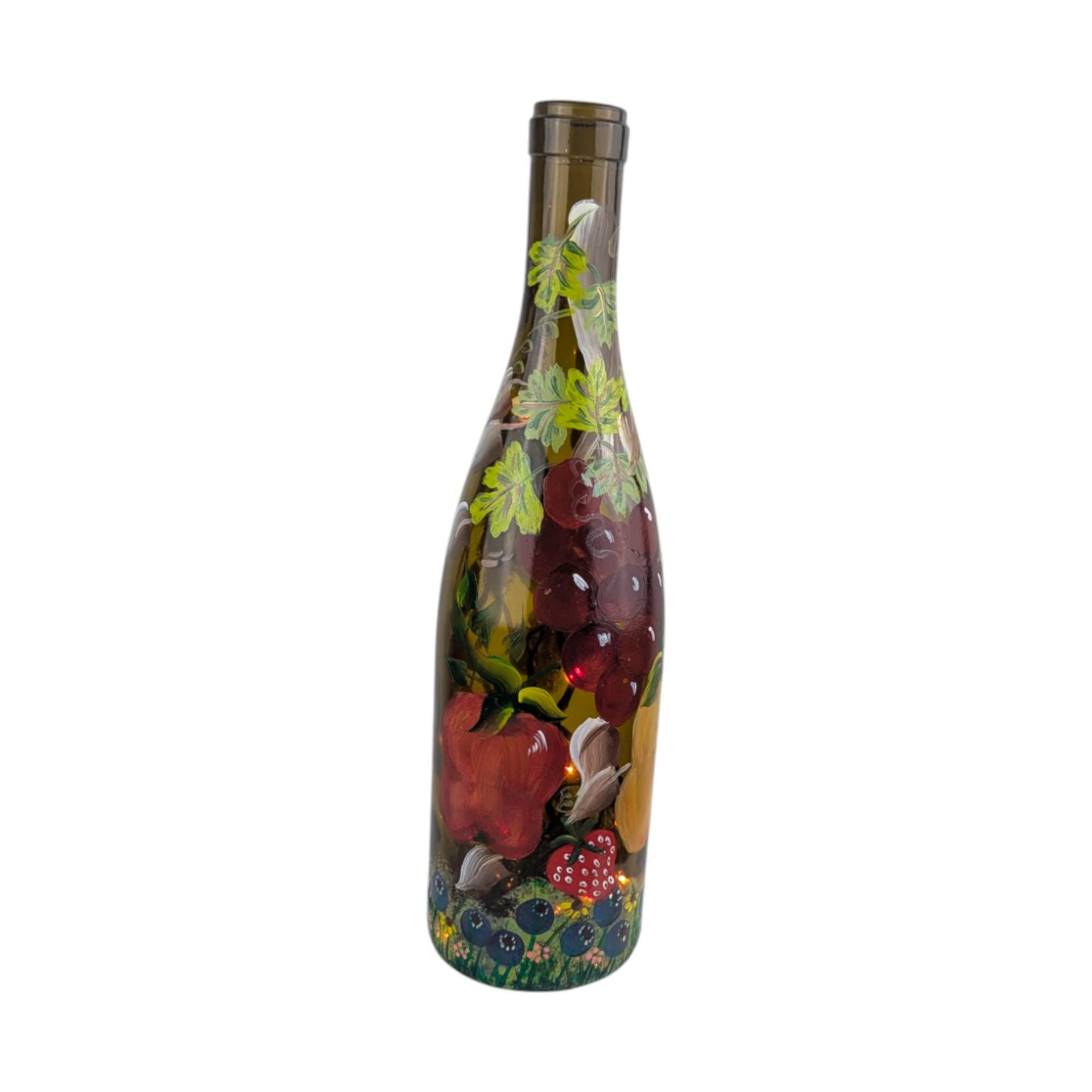 Vintage Painted Wine Bottle: Hand-Painted Fruit Lighted Decor