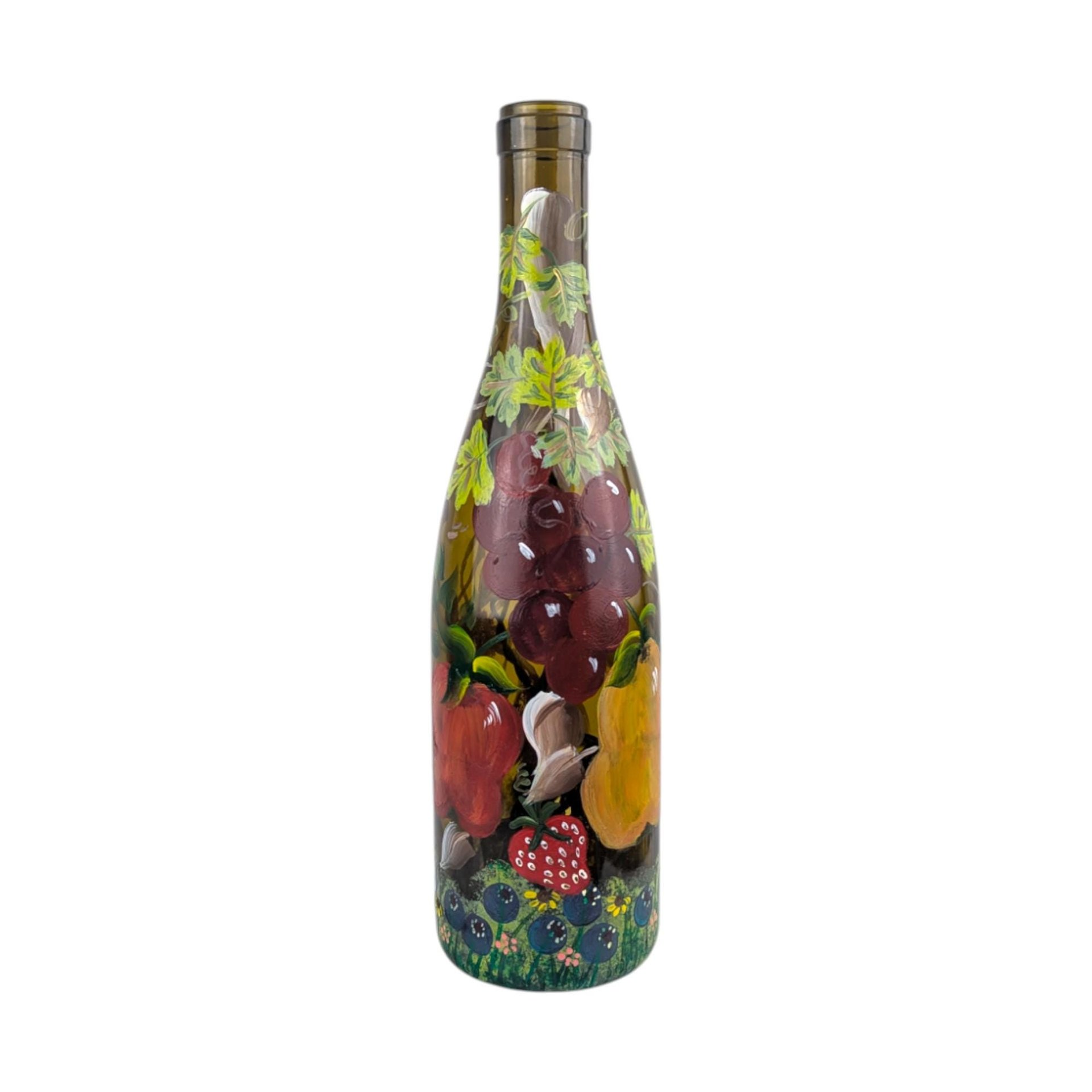 Vintage Painted Wine Bottle: Hand-Painted Fruit Lighted Decor