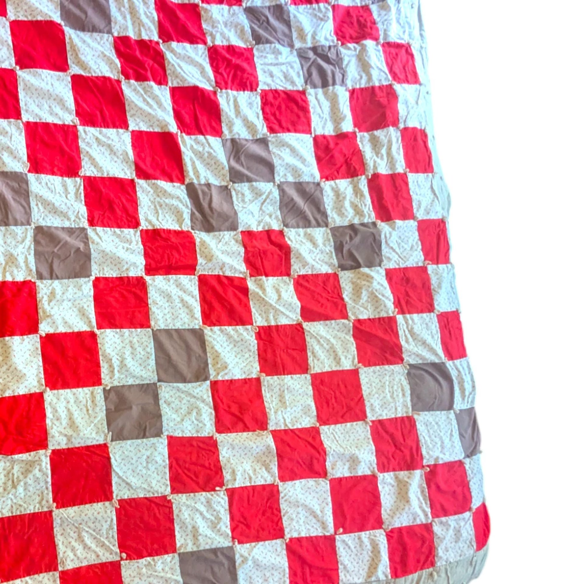 Vintage Checkerboard Quilt: Handmade Patchwork Tied Throw Blanket