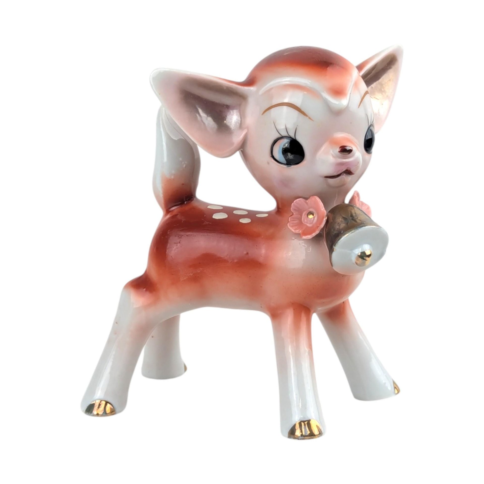 Vintage Japan Ceramic Deer Figurine: Mid-Century Kitsch Fawn with Bell