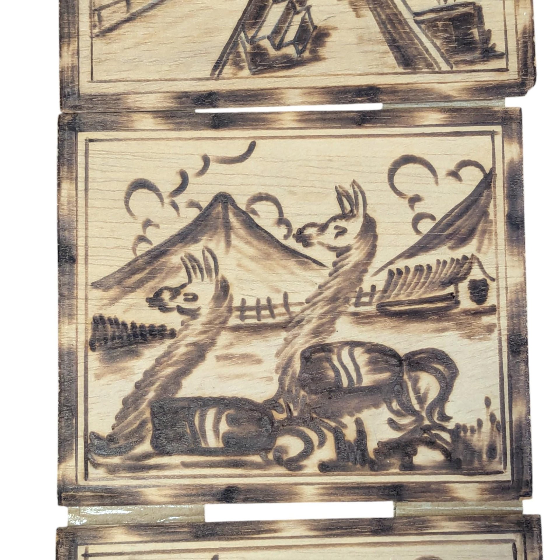 Vintage Peruvian Wood Burned Wall Art: Set of 4 Pyrography Folk Art Panels