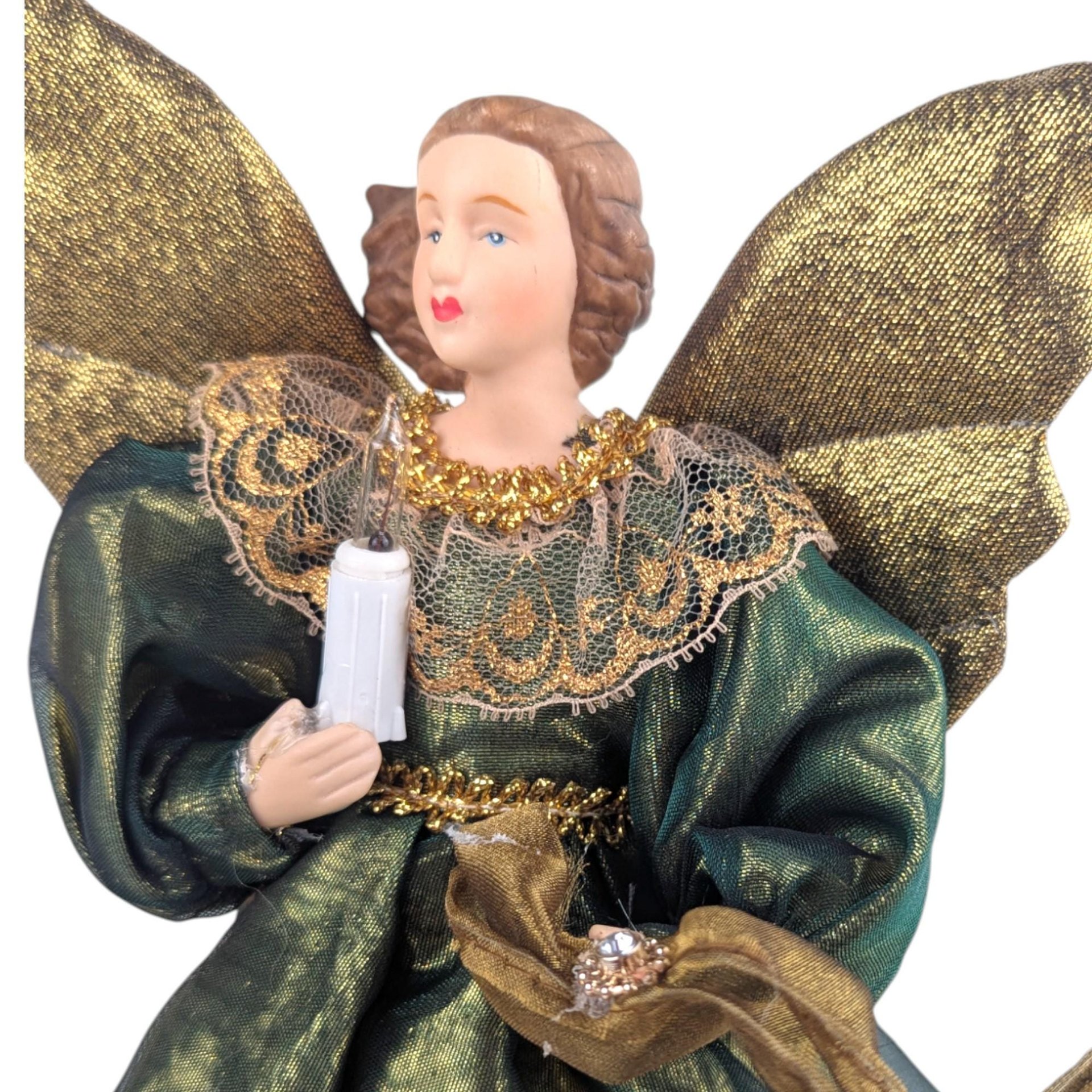 Vintage Light Up Angel Tree Topper: 9" Green and Gold Christmas Angel, Holiday Decor