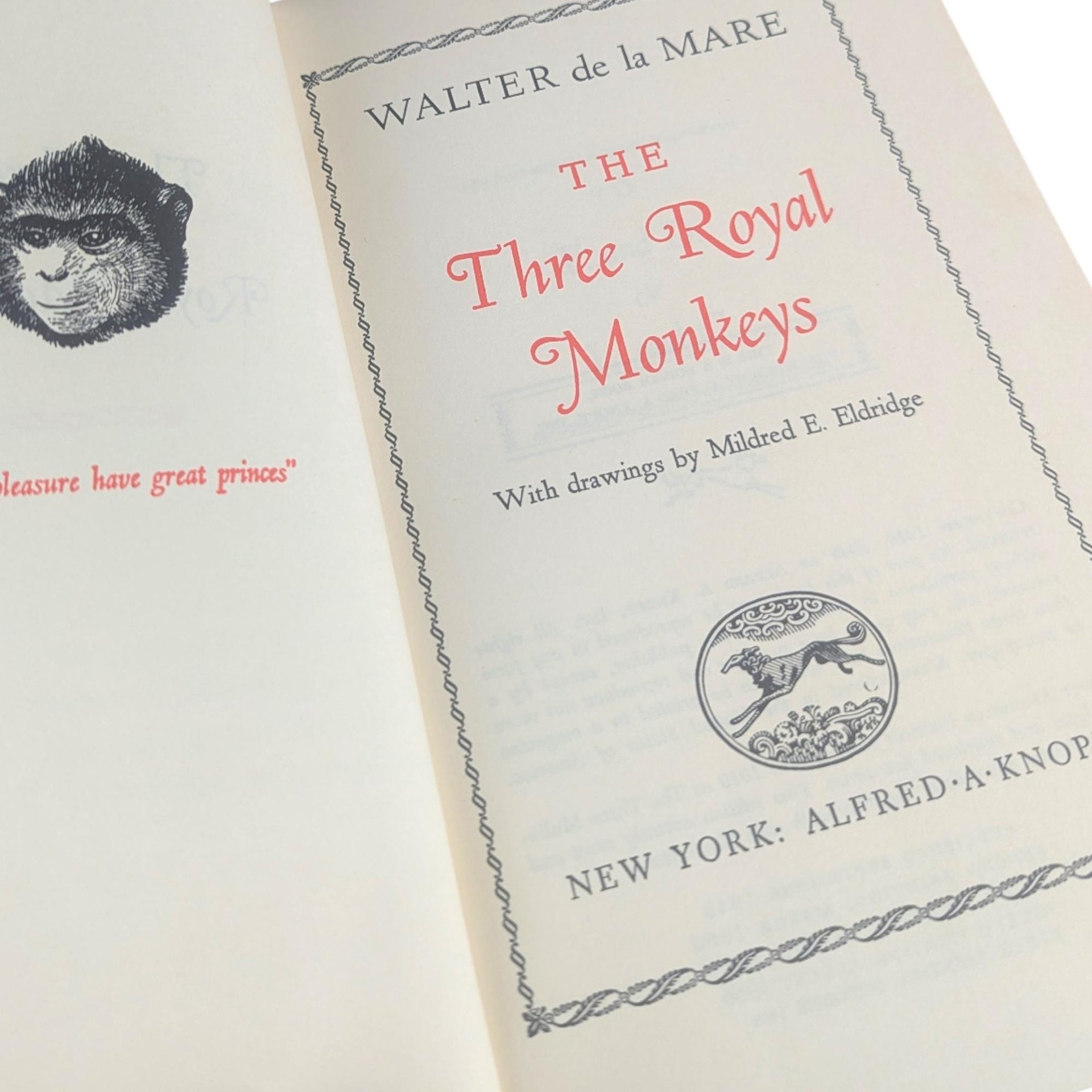 Vintage 1966 The Three Royal Monkeys: Walter de la Mare Fantasy Novel