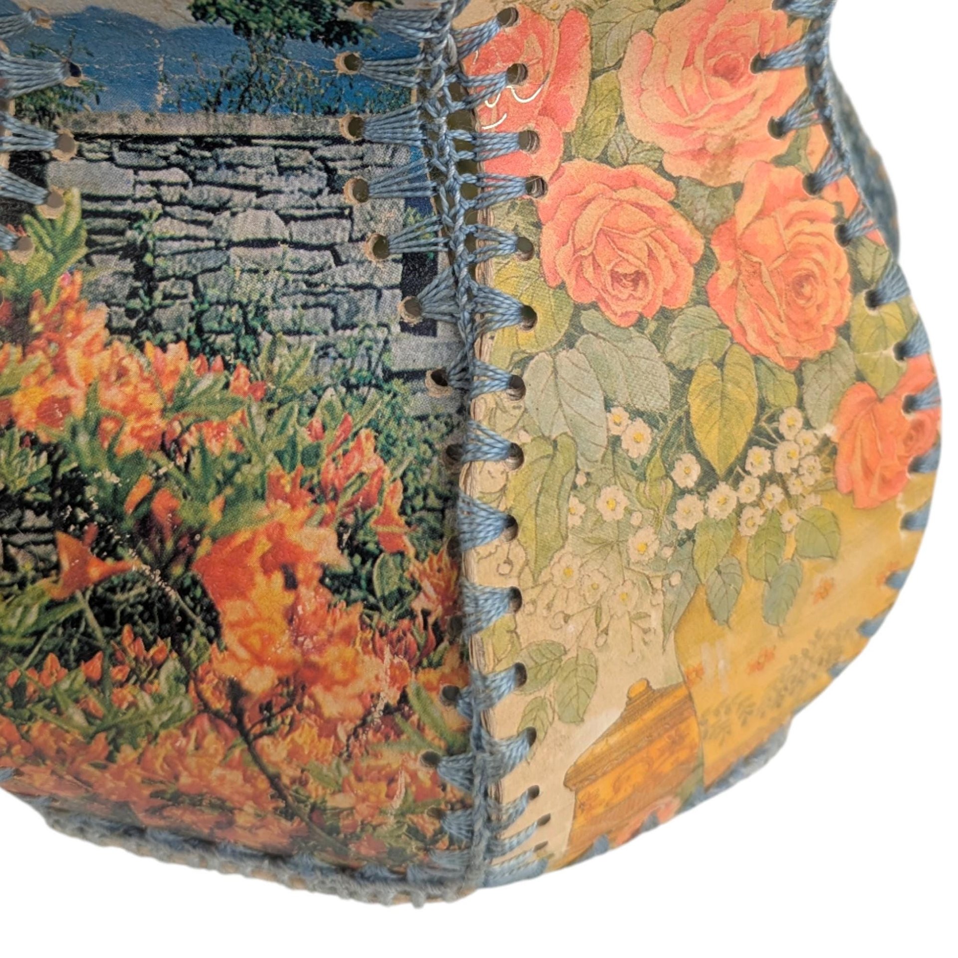 Vintage Stitched Card Vase: Laced Greeting Card Folk Art Decor
