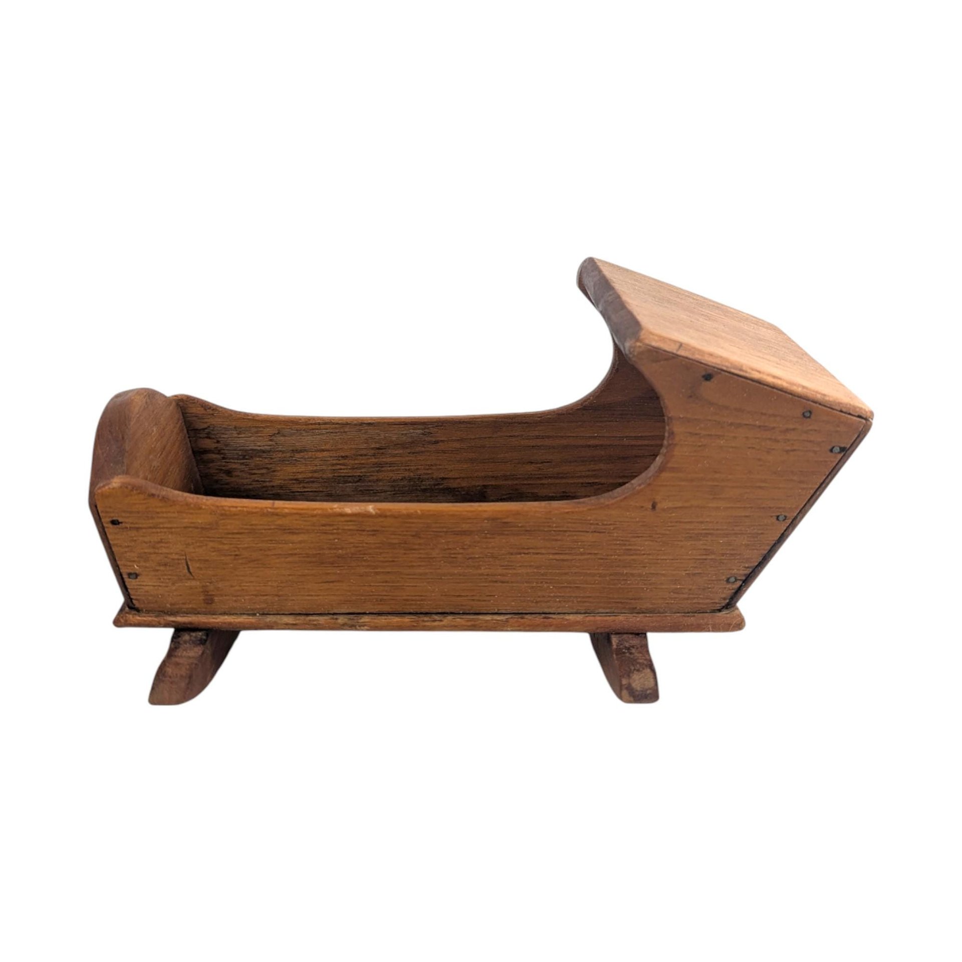 Vintage Wooden Doll Cradle: Handmade Rocking Bed for Small Dolls Toy Furniture