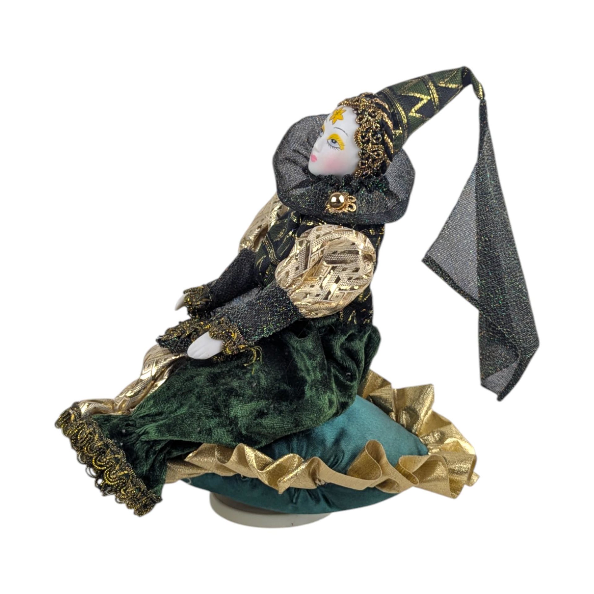 Vintage 1980s Harlequin Jester Doll: Porcelain Musical Box Collectible