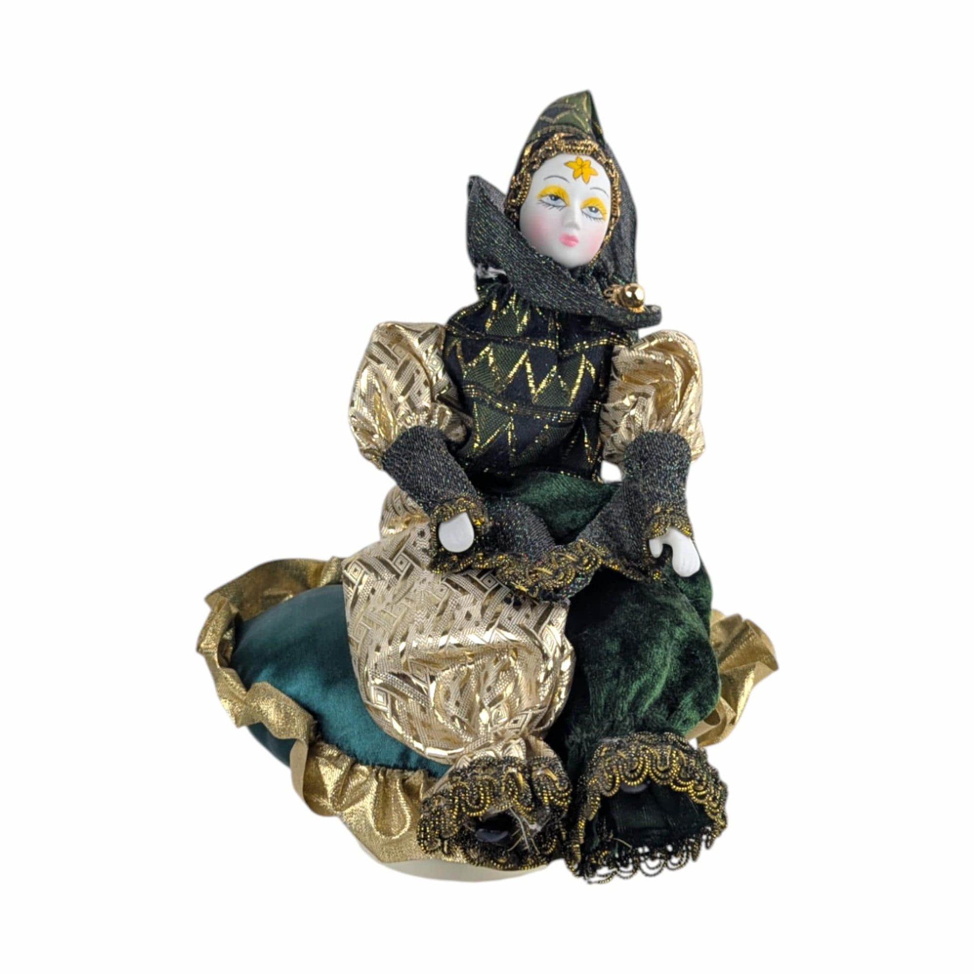 Vintage 1980s Harlequin Jester Doll: Porcelain Musical Box Collectible