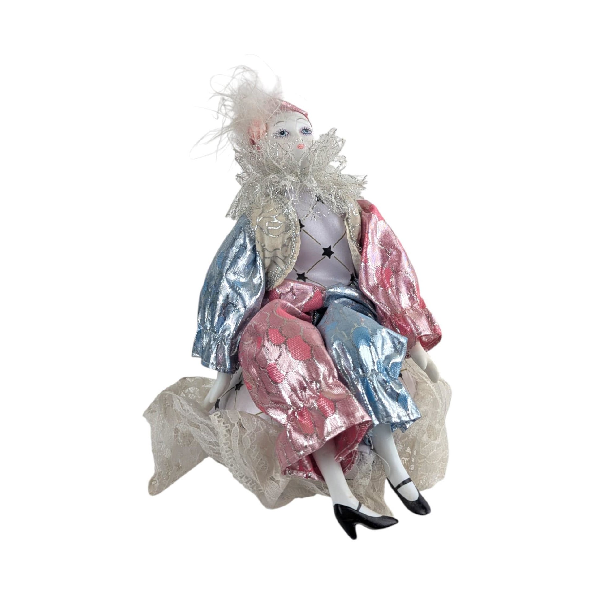 Vintage 1980s Pierrot Doll: Porcelain Musical Box in Pink and Blue