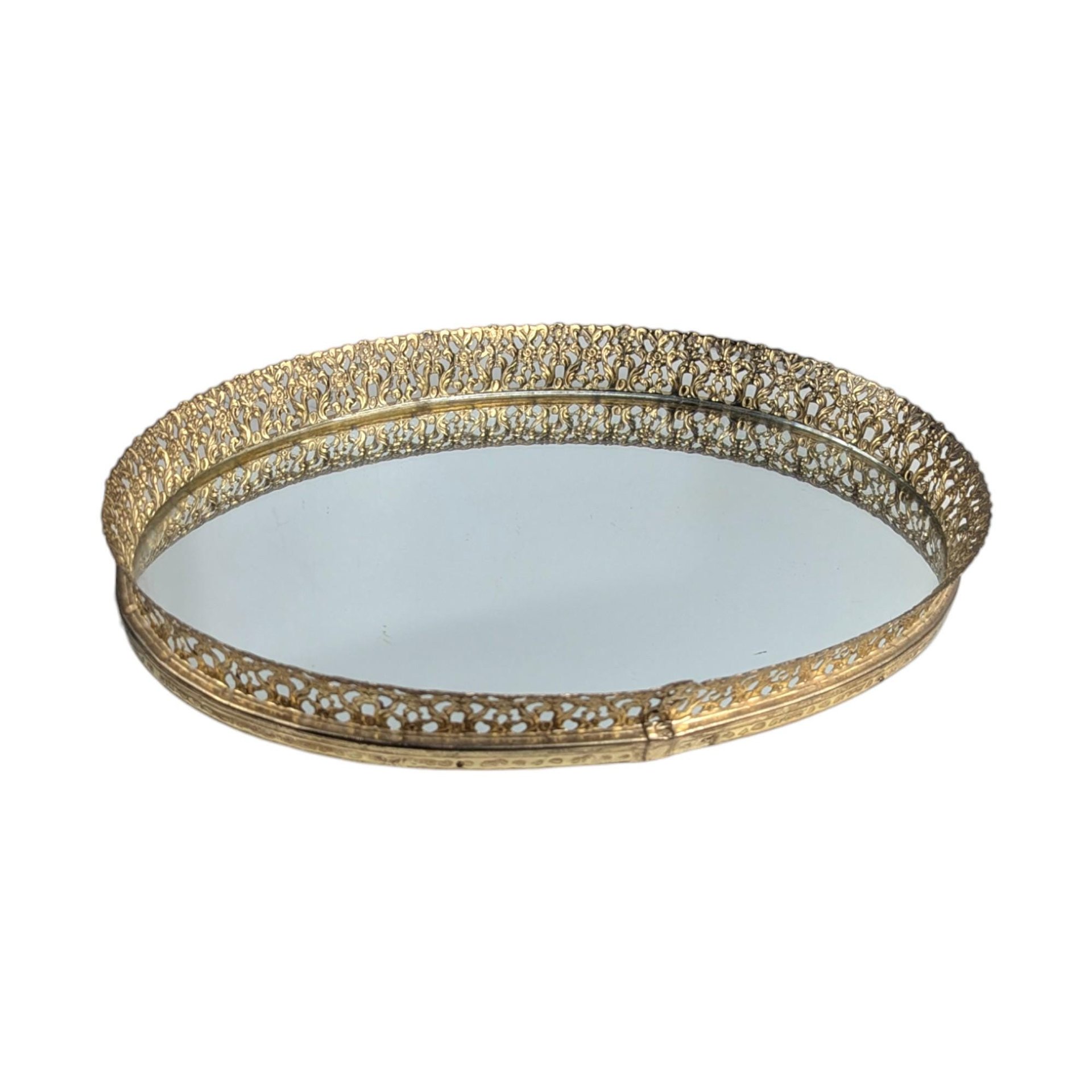 Vintage Mid Century Mirrored Tray: Ornate Gold Filigree Perfume Vanity