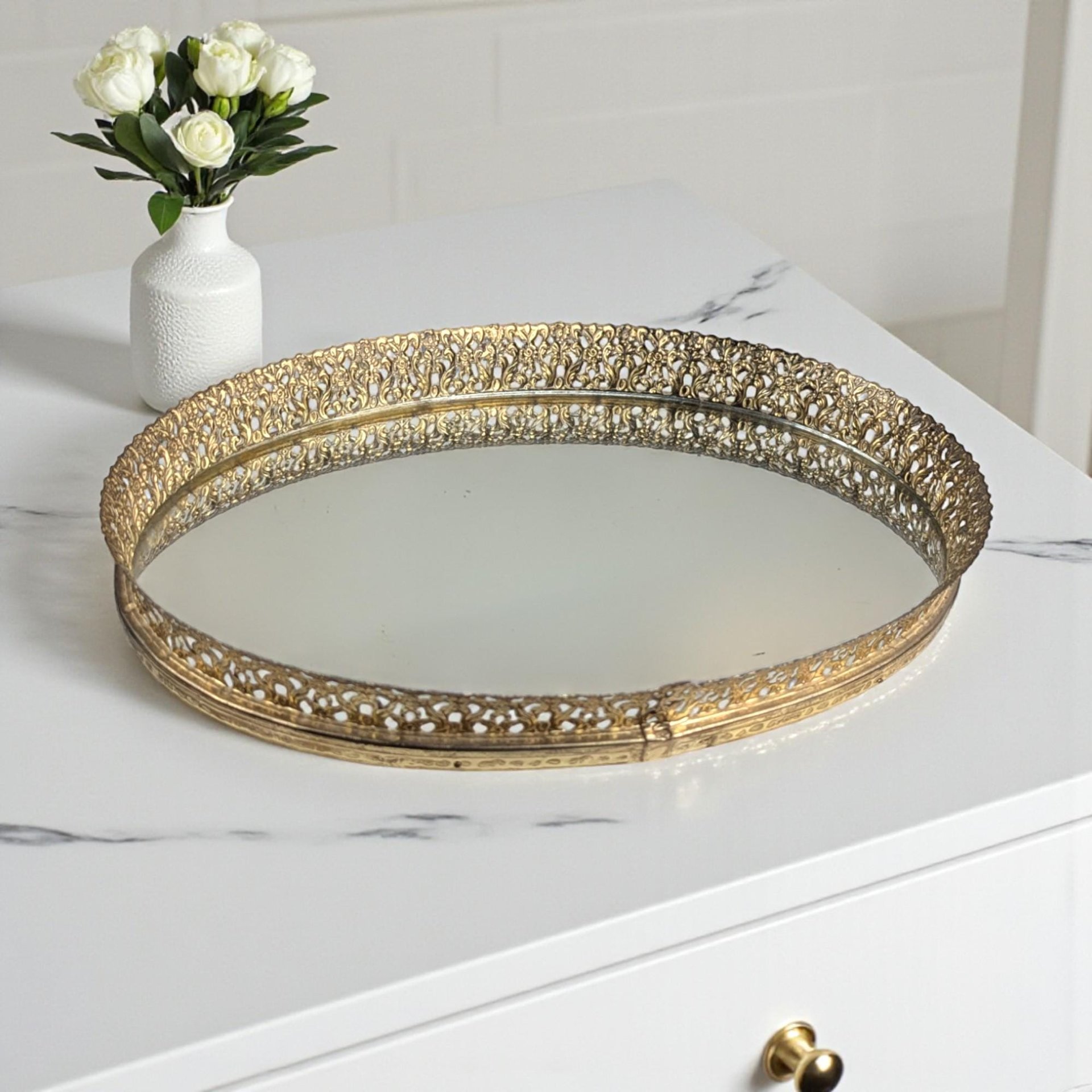 Vintage Mid Century Mirrored Tray: Ornate Gold Filigree Perfume Vanity