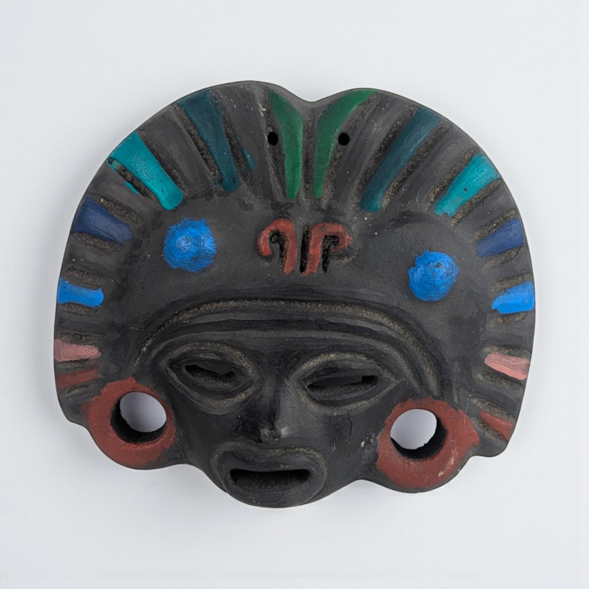 Vintage Hand Painted Clay Mask: Tribal Style Folk Art Wall Hanging