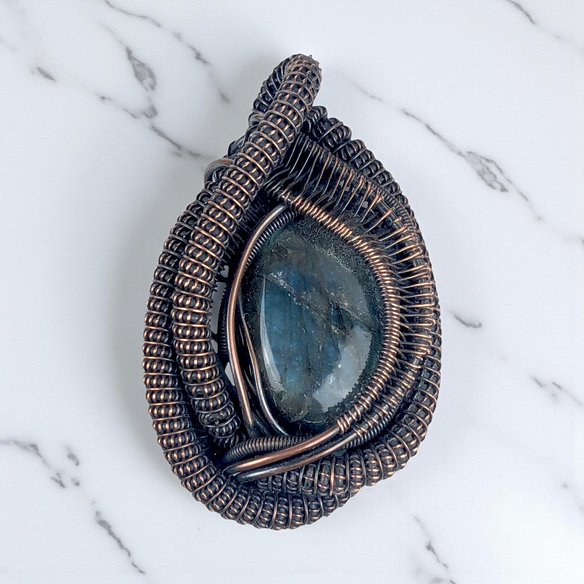 Intricate Wire Wrapped Labradorite Pendant: Handmade Antiqued Copper Jewelry