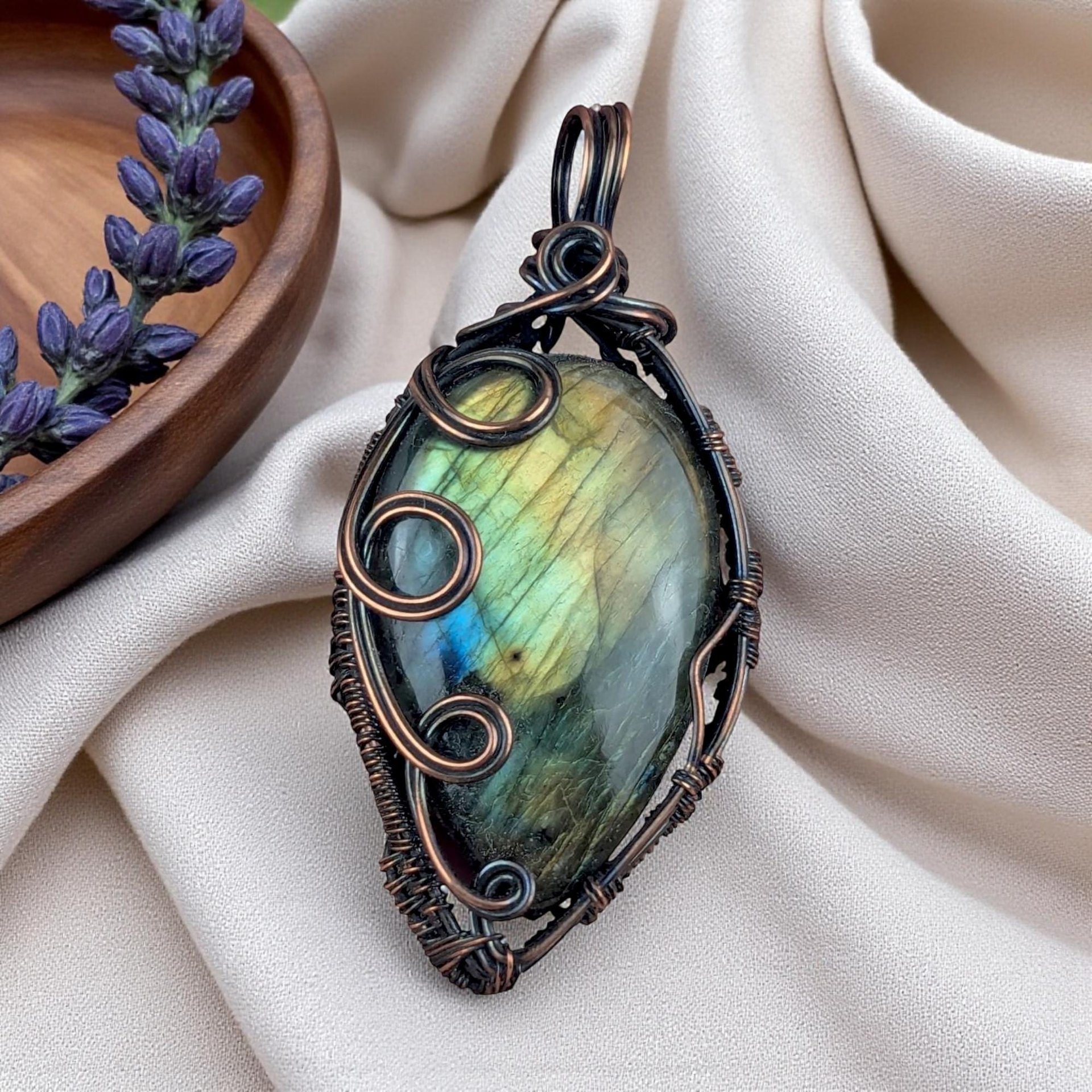 Handcrafted Labradorite Pendant: Copper Wire Wrapped Artisan Jewelry