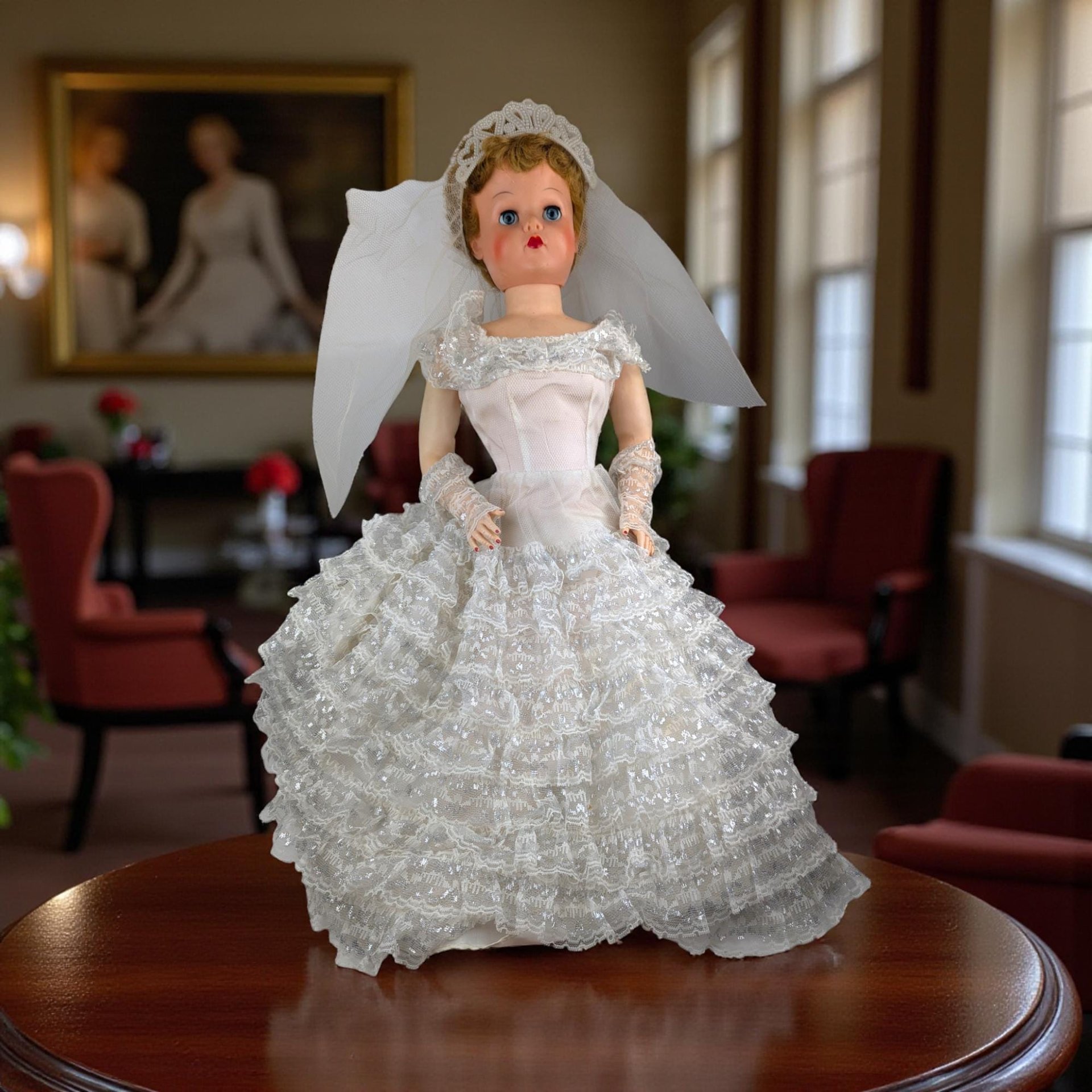 Vintage 1950s Large Bride Doll: Mid-Century Boudoir Bed Doll with Sleepy Eyes