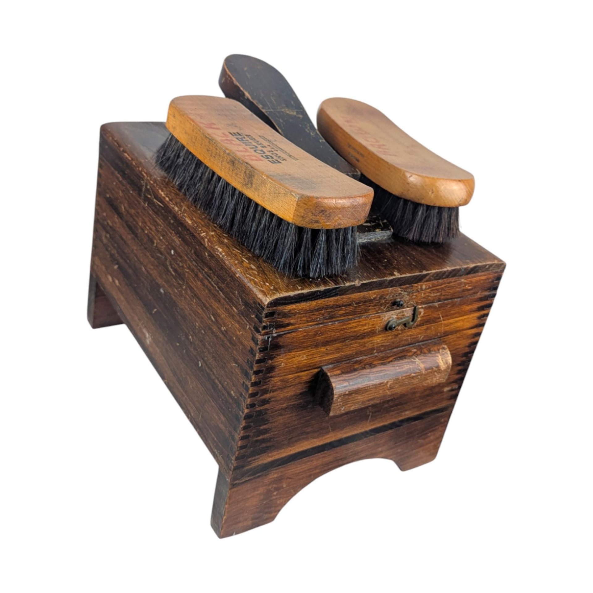 Vintage 1950s Merchants Box Co. Shoe Shine Kit: Wooden Valet Stand Footstool