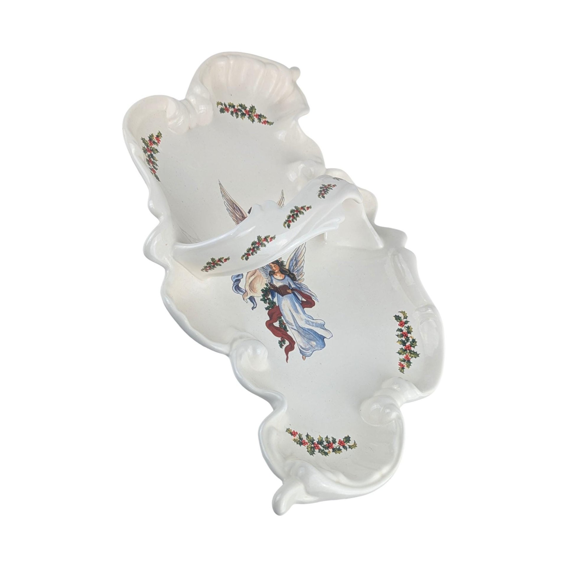 Vintage Handled Christmas Tray: Ceramic Angel Cookie Platter Tidbit Dish
