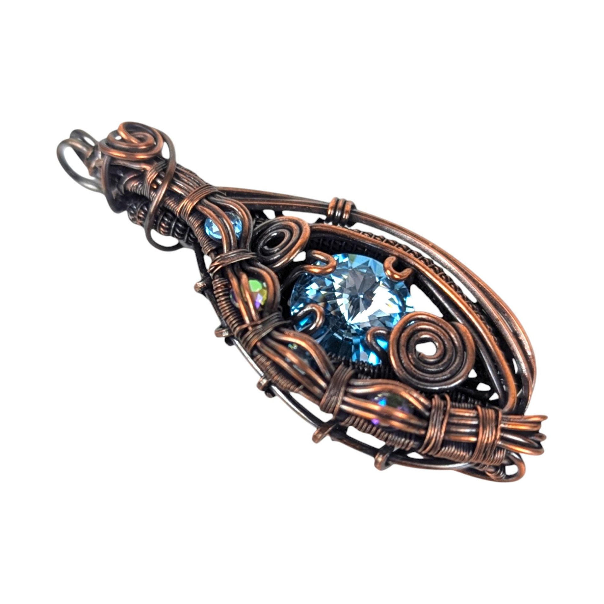 Handmade Copper Wire Wrapped Pendant: Blue Rivoli Crystal Statement Jewelry