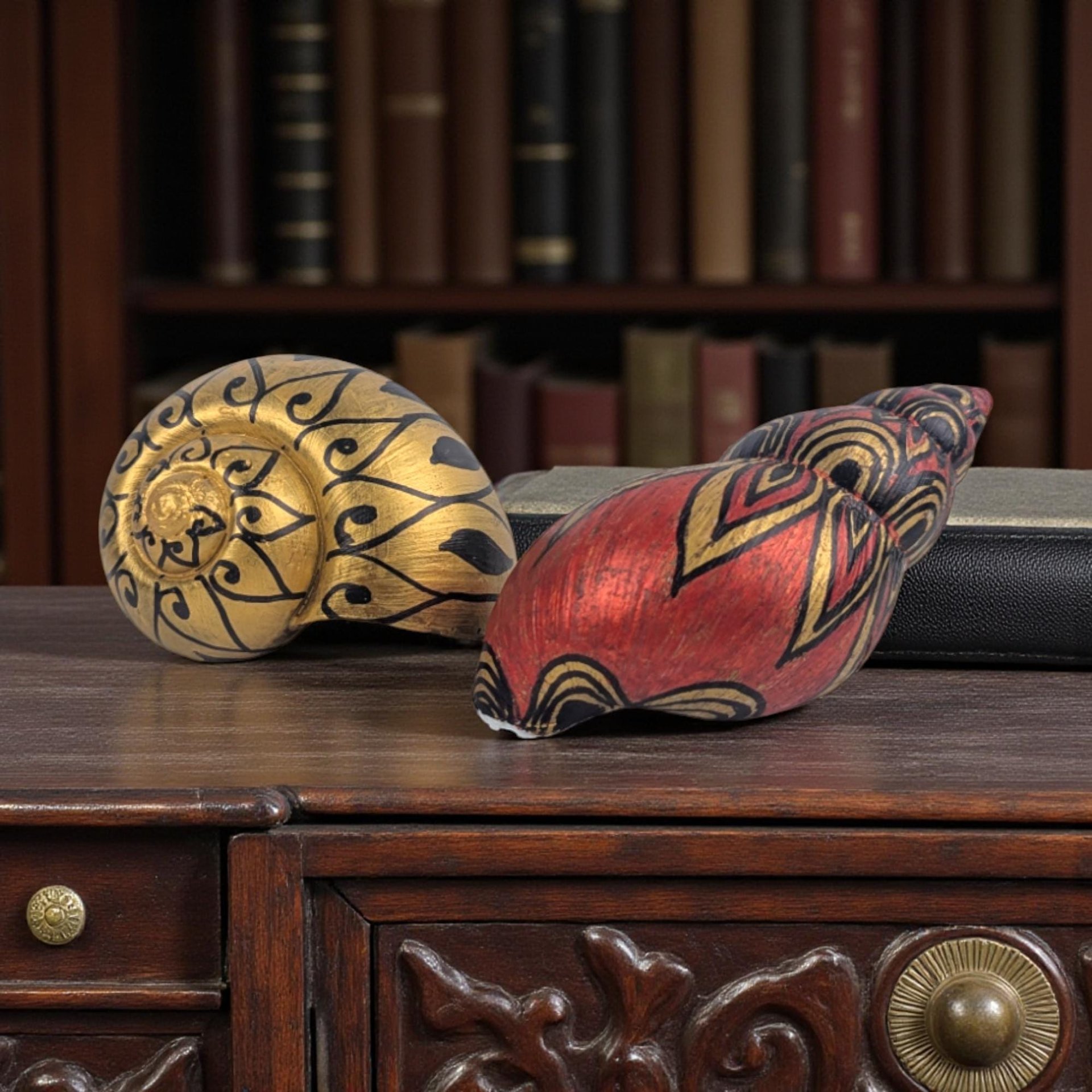 Vintage Hand Painted Seashells: Southeast Asian Style, Black and Gold Decor Pair