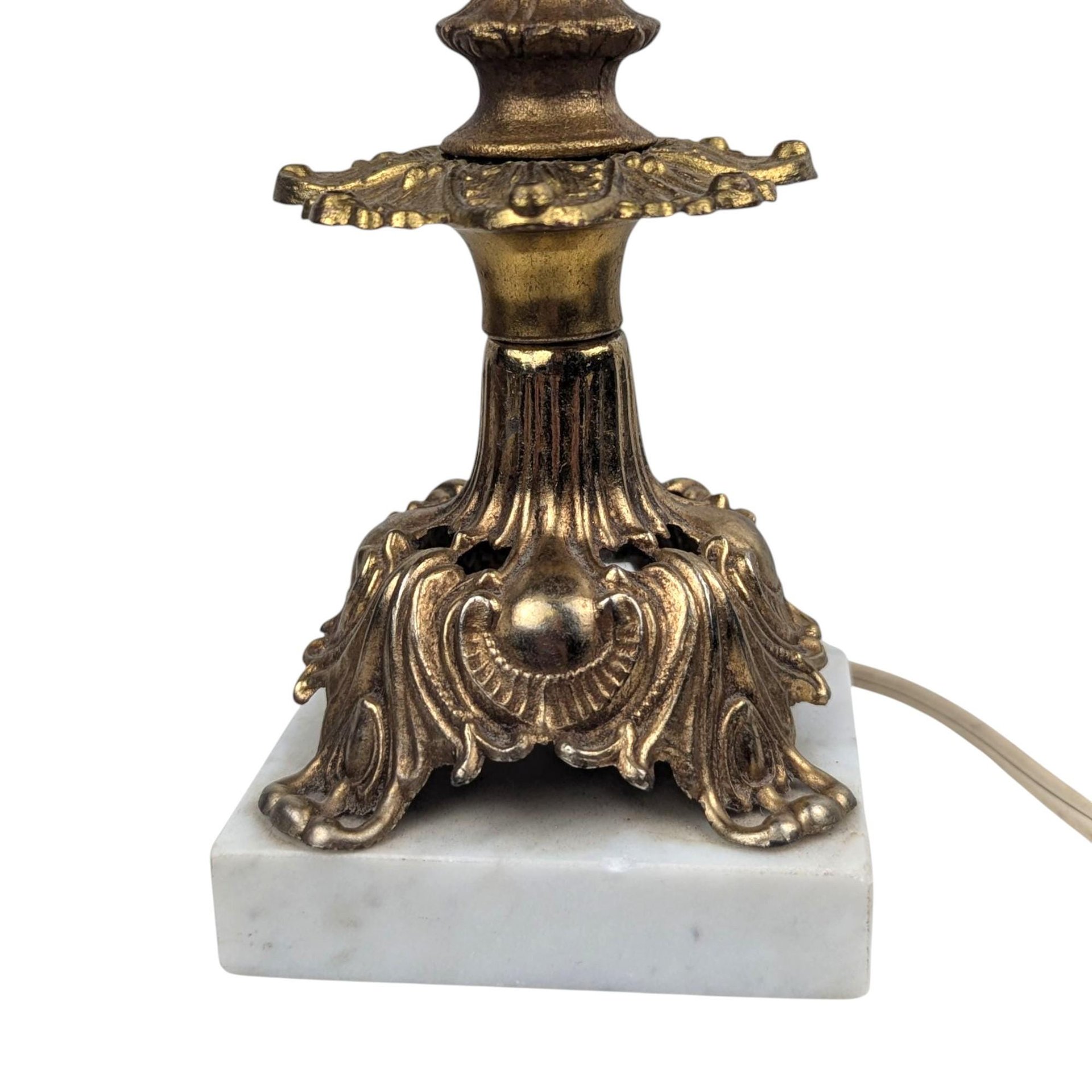 Vintage Hollywood Regency Accent Lamp: Ornate Brass, Marble Base and Glass Shade Table Light