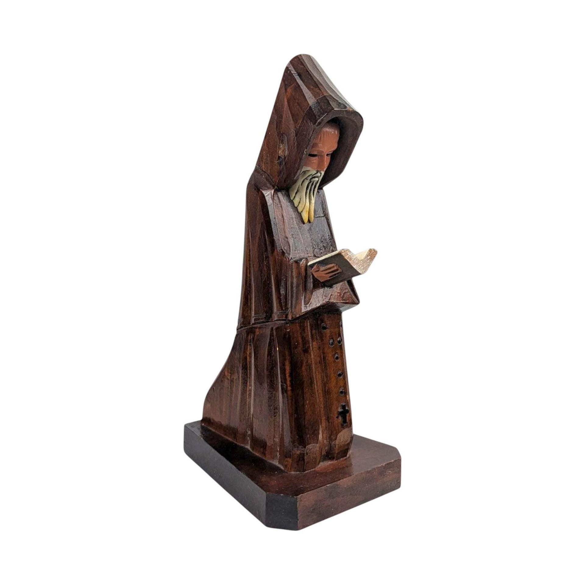 Vintage Hand Carved Monk Statue: Reading Friar Wood Figure, Bookshelf Decor
