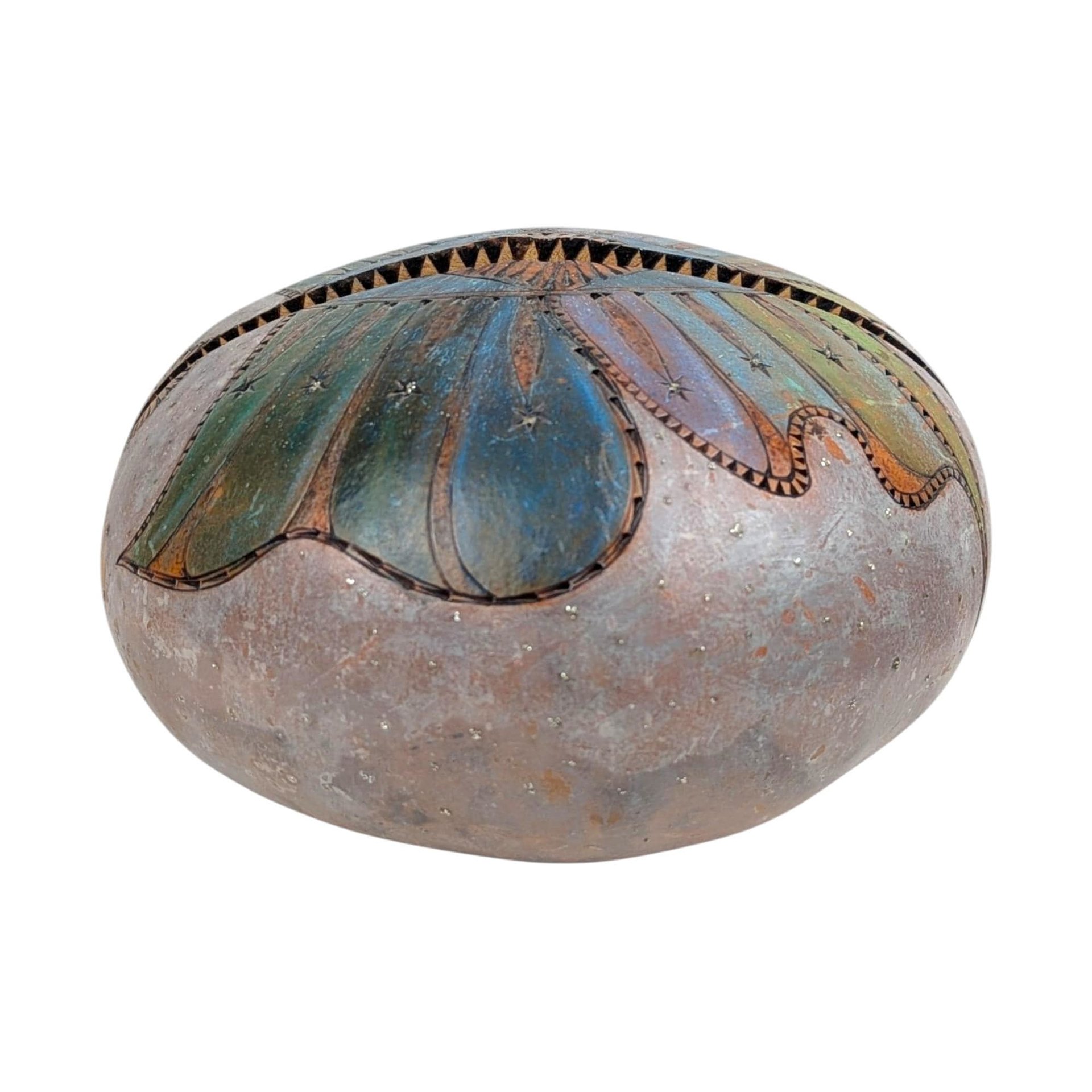 Vintage Folk Art Gourd Bowl: Carved Celestial Art