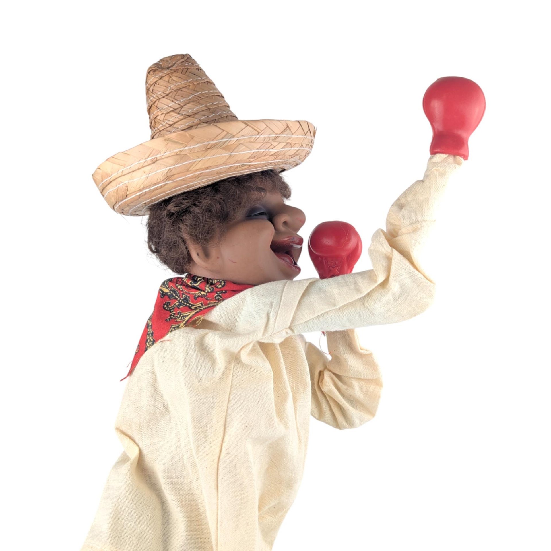 Vintage Punching Boxer Puppet: Mechanical Hand Toy with Sombrero