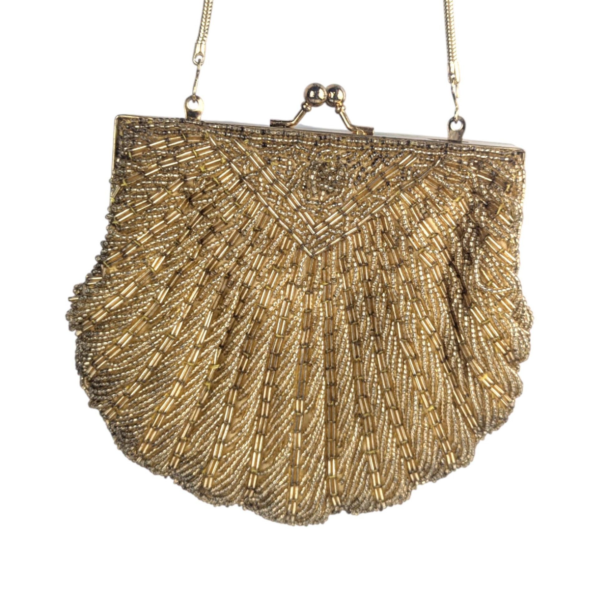 Vintage Gold Beaded Shell Purse: Art Deco Style Evening Bag Clutch