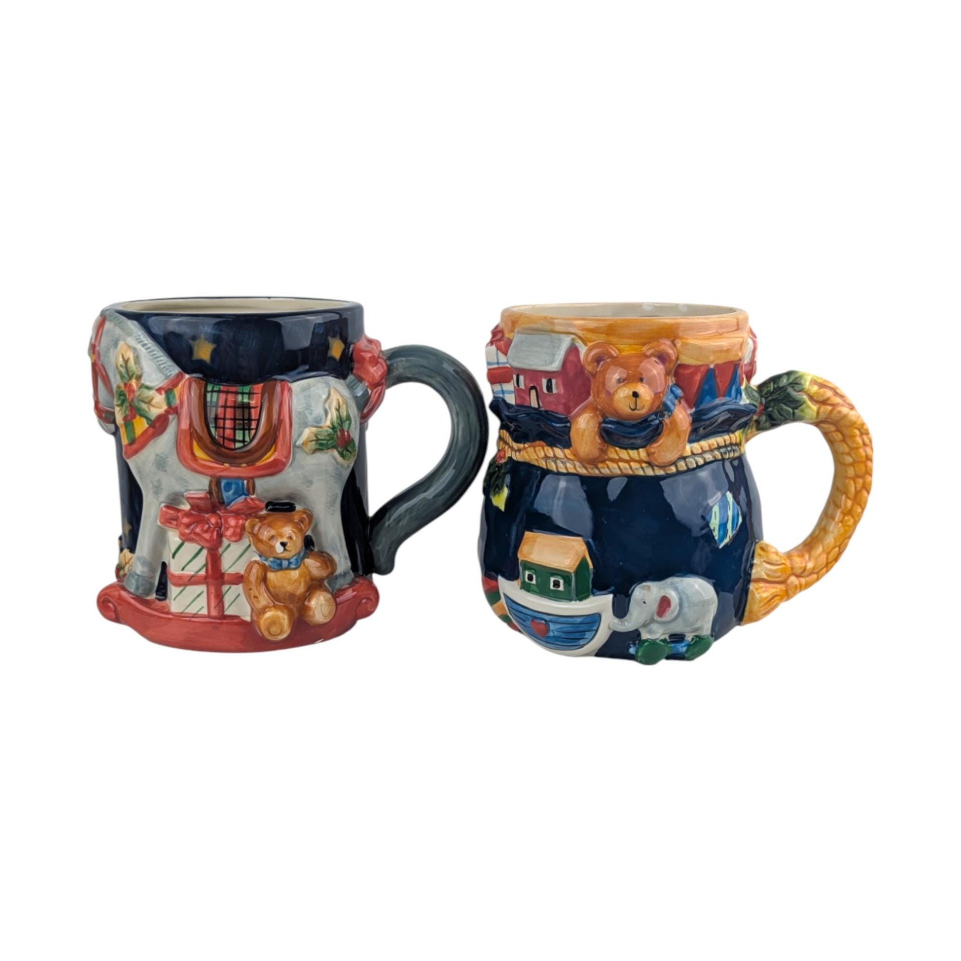 Vintage Susan Winget Christmas Mugs, Pair: Certified International Rocking Horse & Toy Mugs