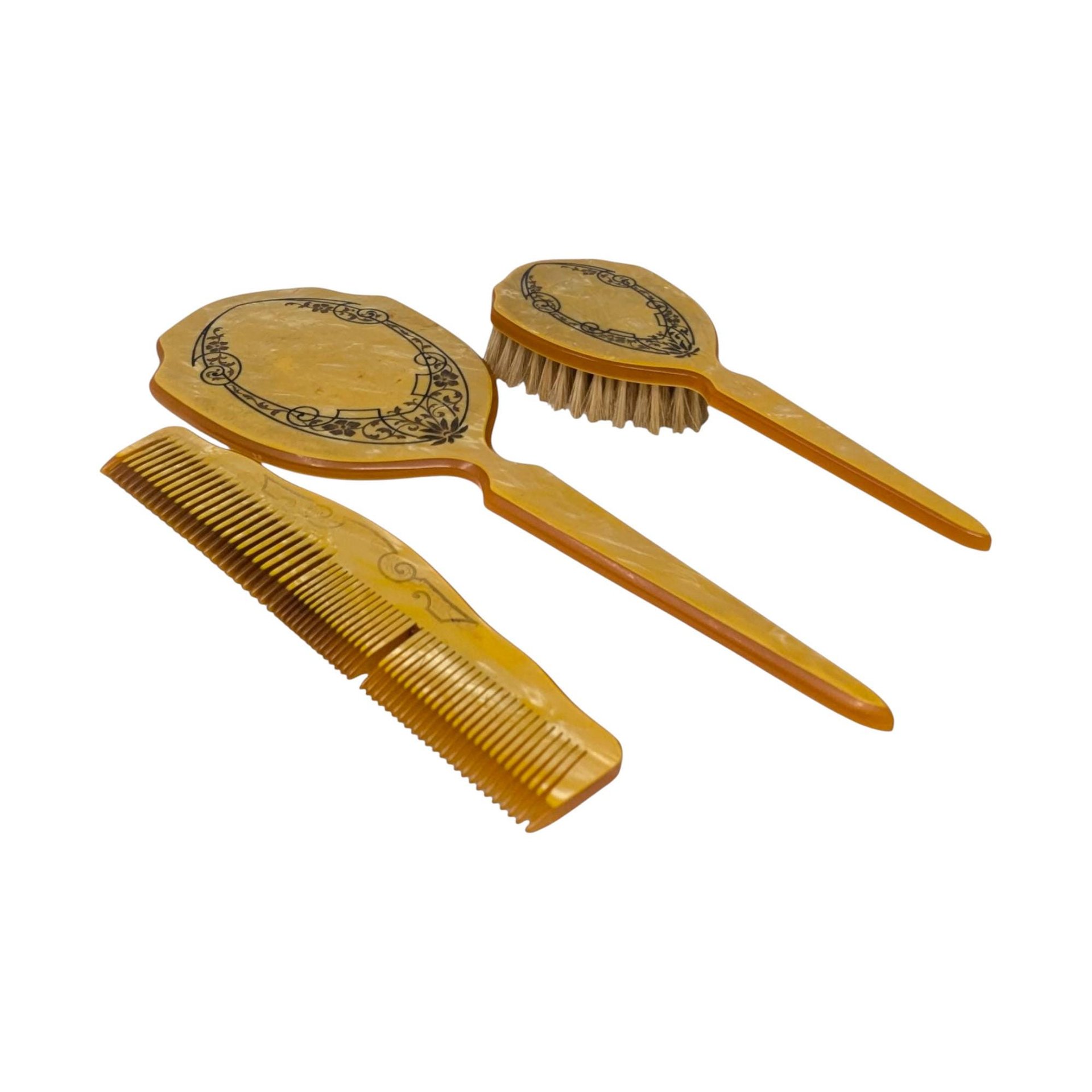 Vintage 1930s Celluloid Vanity Set: Art Deco Dresser Mirror and Brush