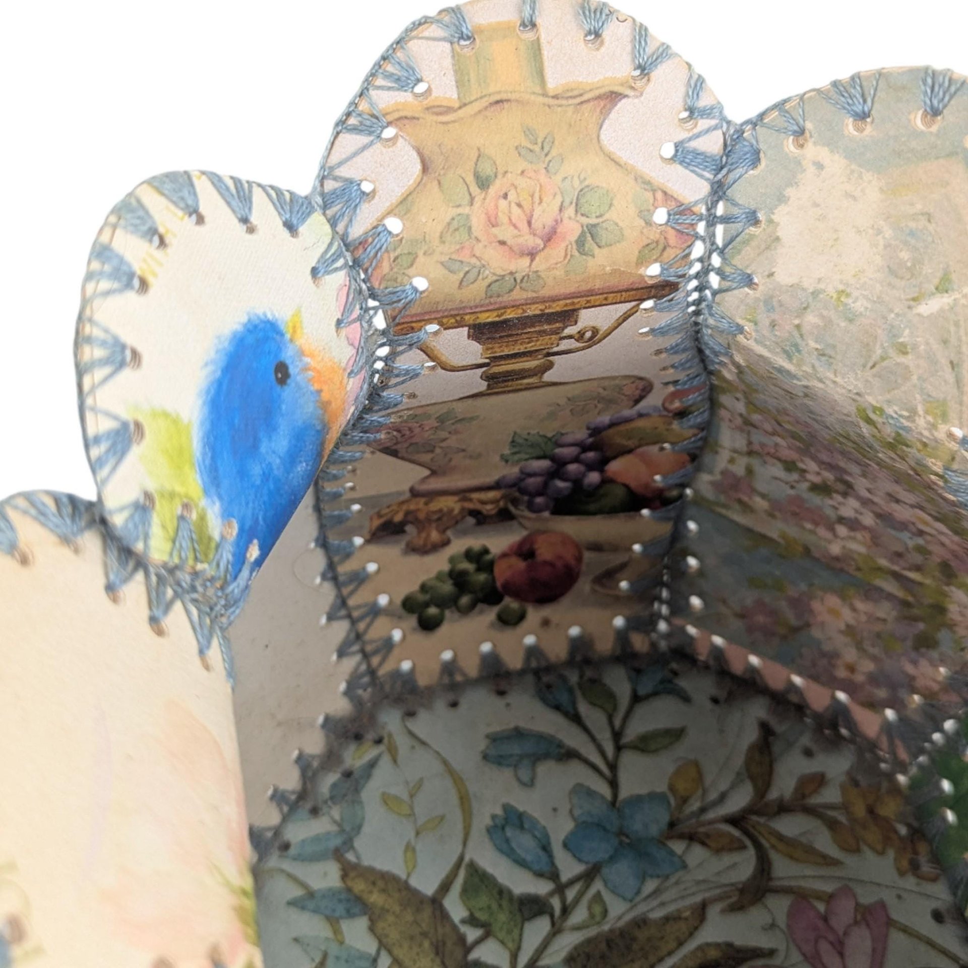 Vintage Stitched Card Vase: Laced Greeting Card Folk Art Decor