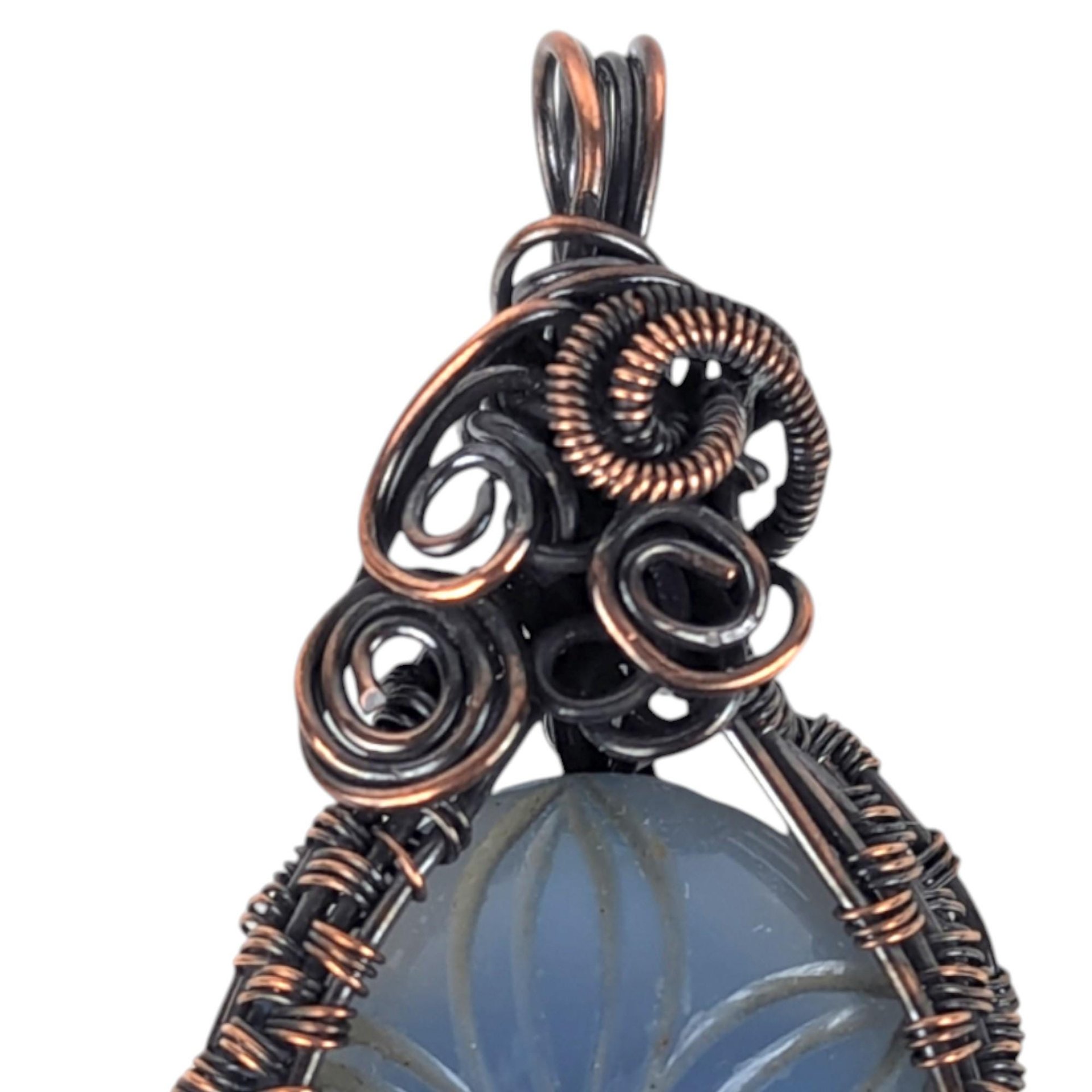 Copper Wire Wrapped Carved Blue Onyx Pendant: Handmade Floral Jewelry