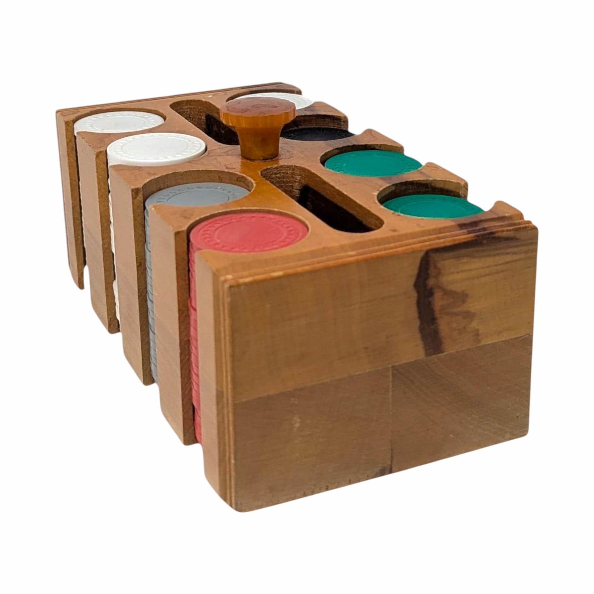 Vintage 1970s Poker Chip Caddy: Wooden Rack with Game Chips