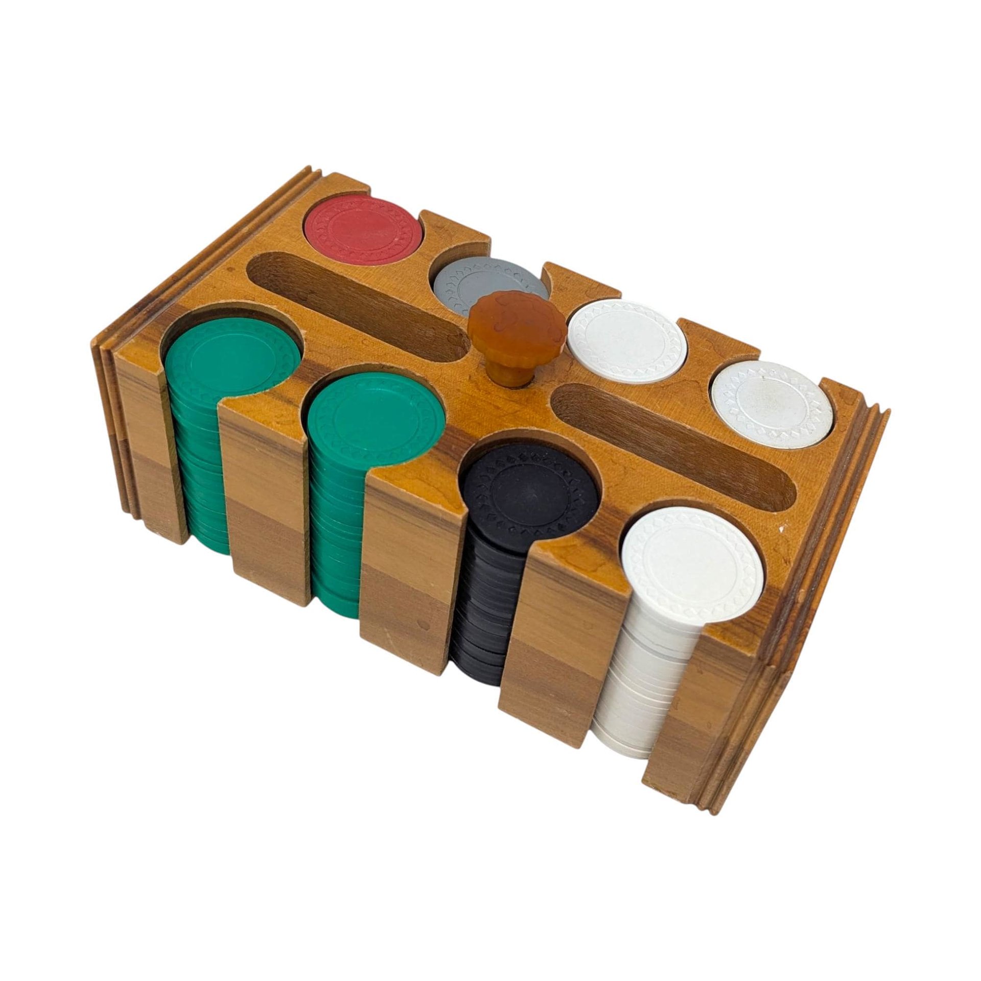 Vintage 1970s Poker Chip Caddy: Wooden Rack with Game Chips