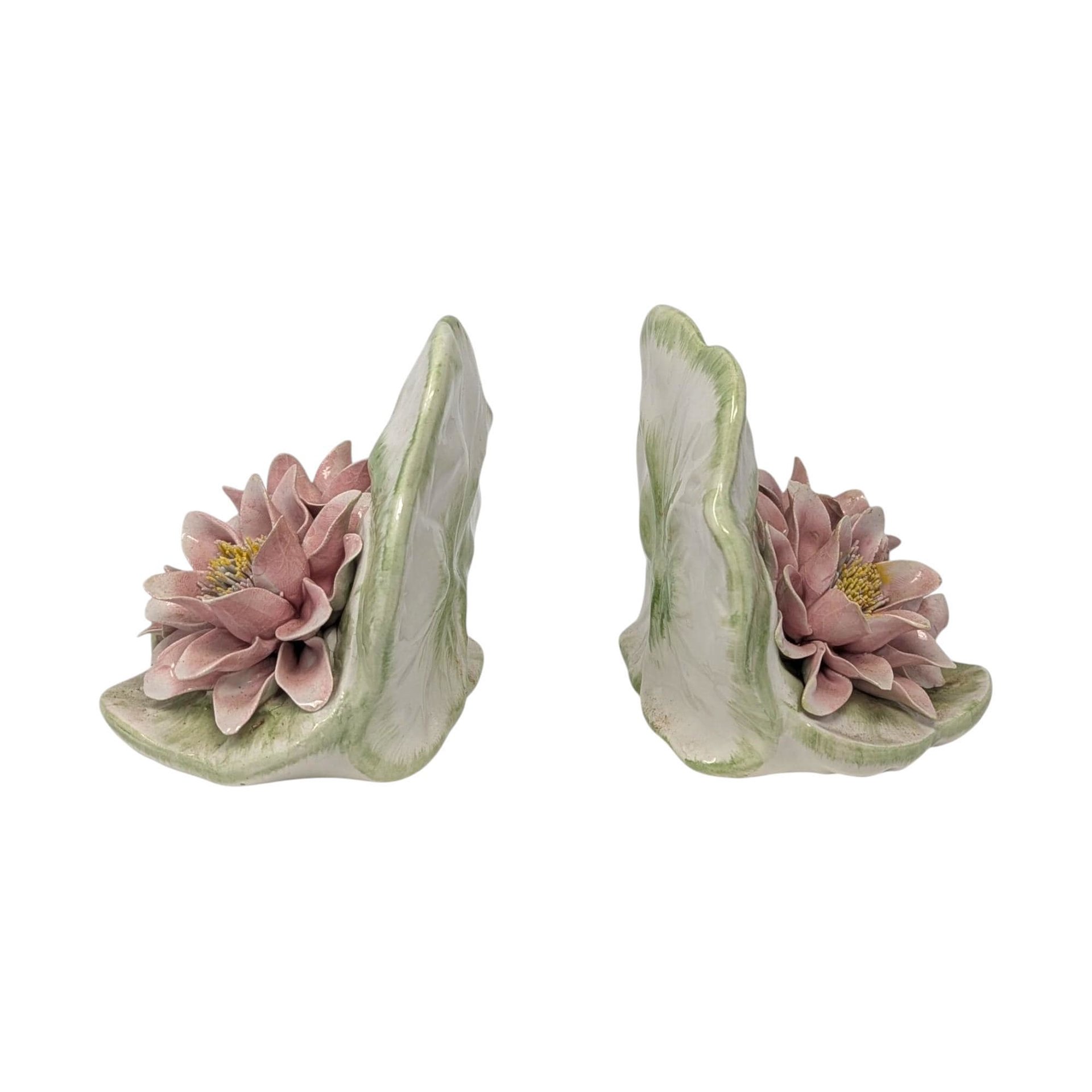 Vintage 1980s Italian Porcelain Bookends: OGG Italy Water Lily Pair