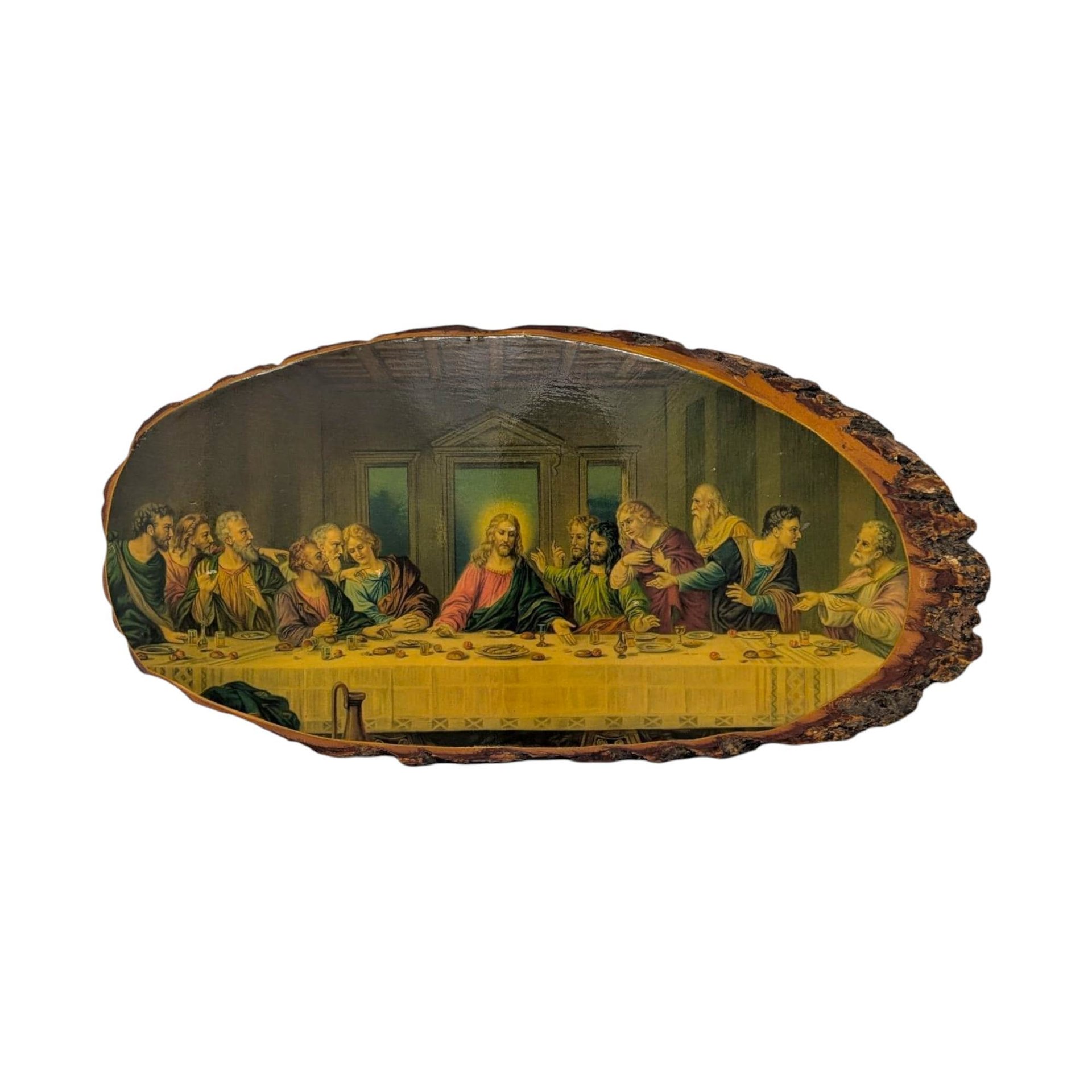 Vintage 1970s Last Supper Plaque: Rustic Wood Slice Wall Art
