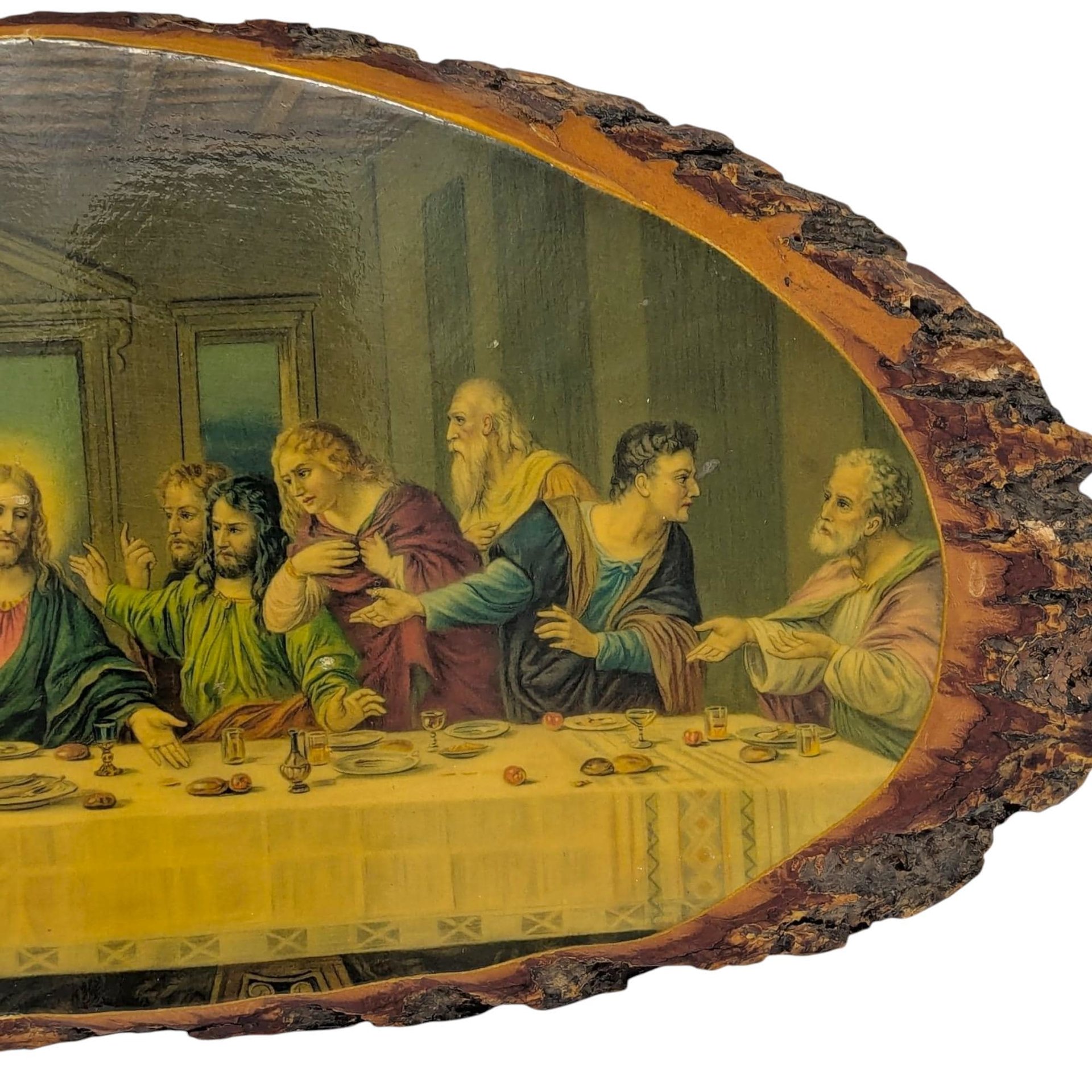 Vintage 1970s Last Supper Plaque: Rustic Wood Slice Wall Art
