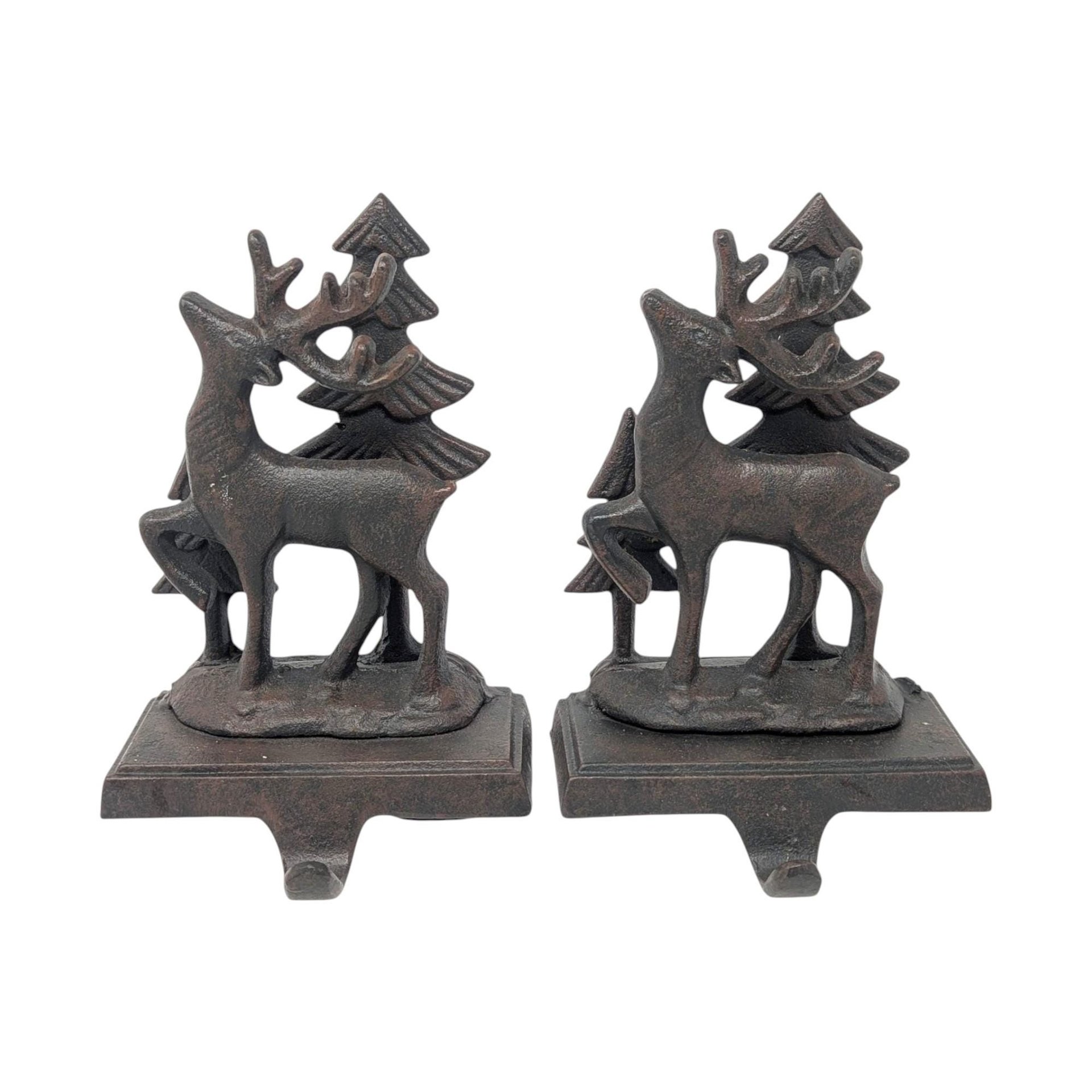 Cast Iron Reindeer Stocking Holders: Vintage Christmas Mantel Pair