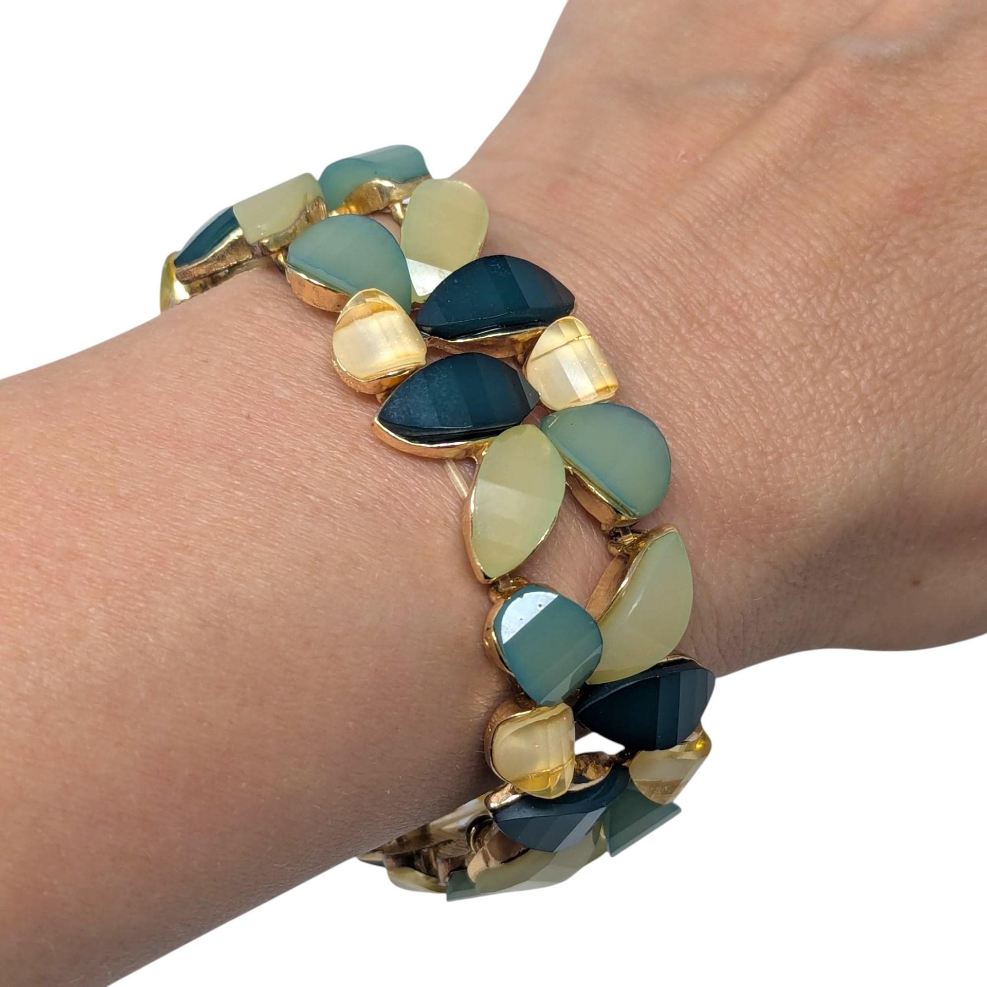 Vintage Multi Green Panel Bracelet: Gold Tone Stretch Jewelry