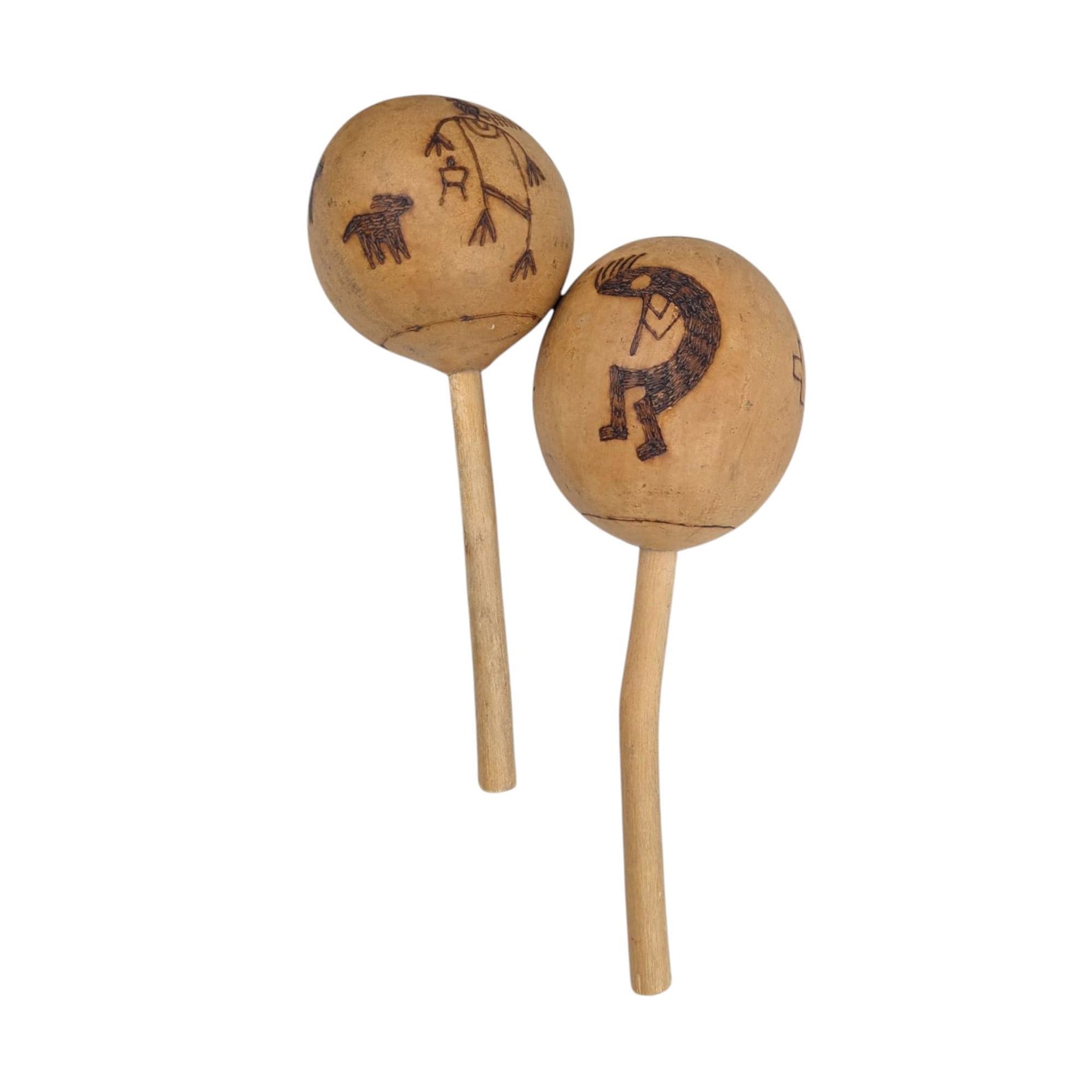 Vintage Gourd Maracas Set: Hand Drawn Kokopelli & Deer Shakers, Southwestern Decor