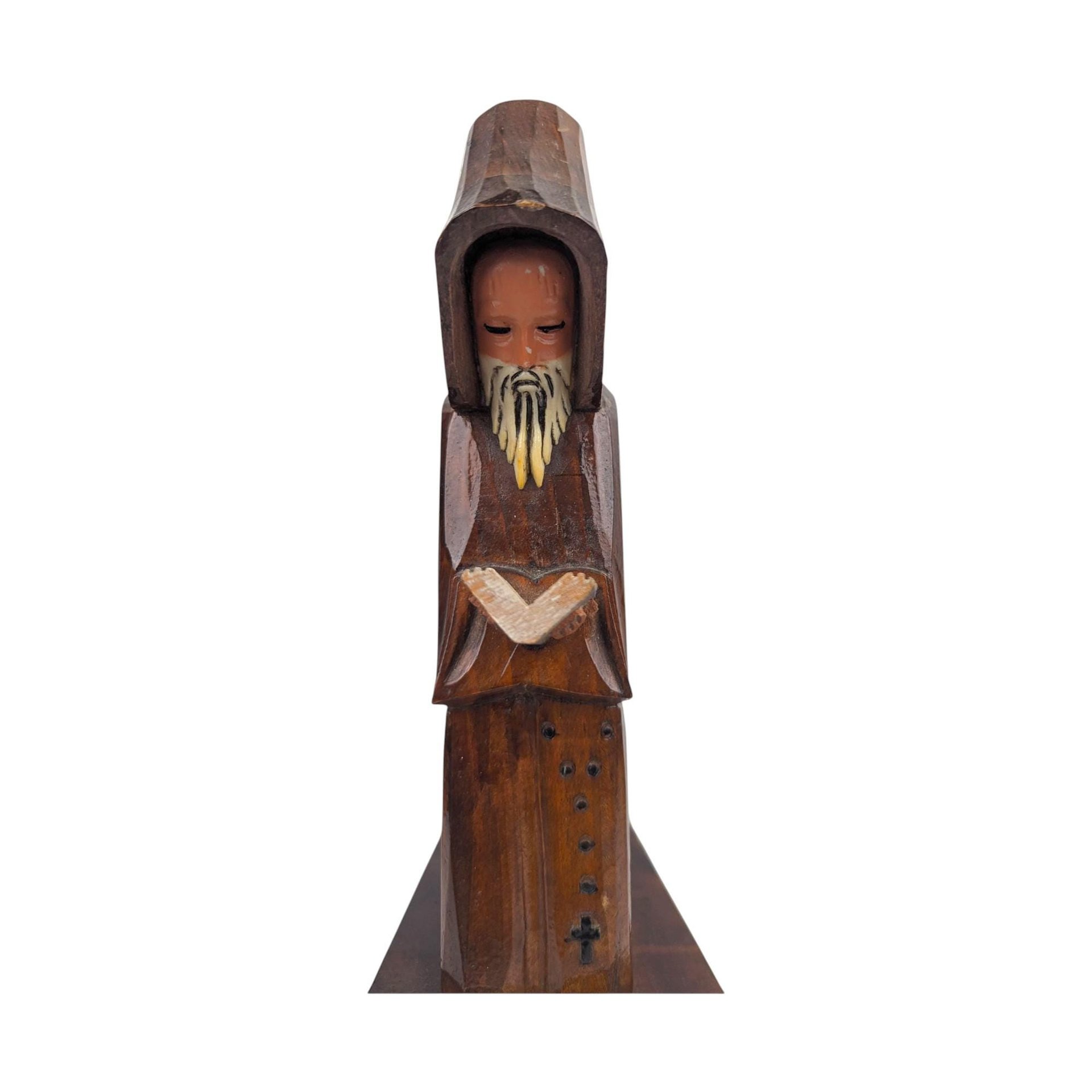 Vintage Hand Carved Monk Statue: Reading Friar Wood Figure, Bookshelf Decor