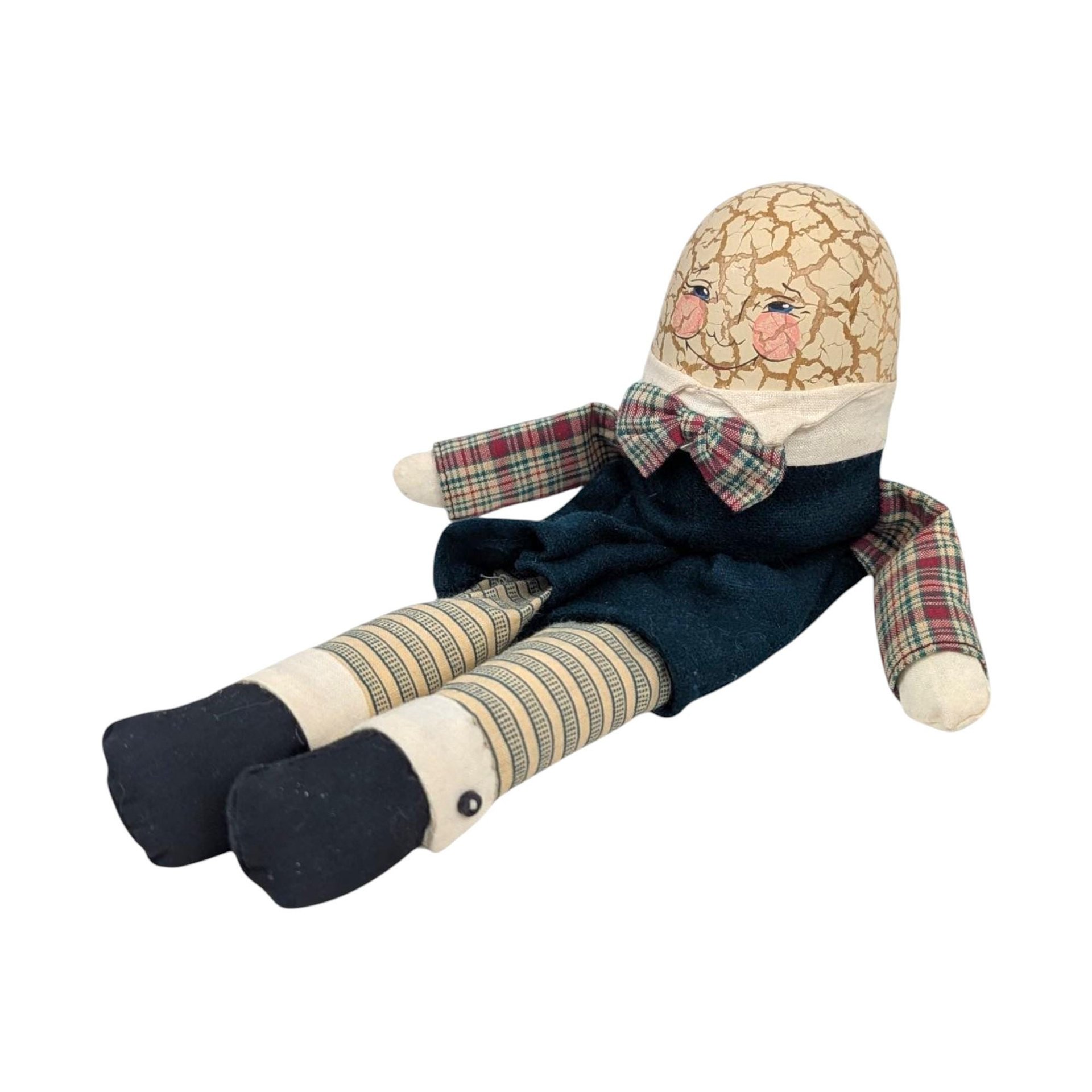 Vintage Crackle Finish Egg Doll: Country Plaid Shelf Sitter, Folk Art Decor