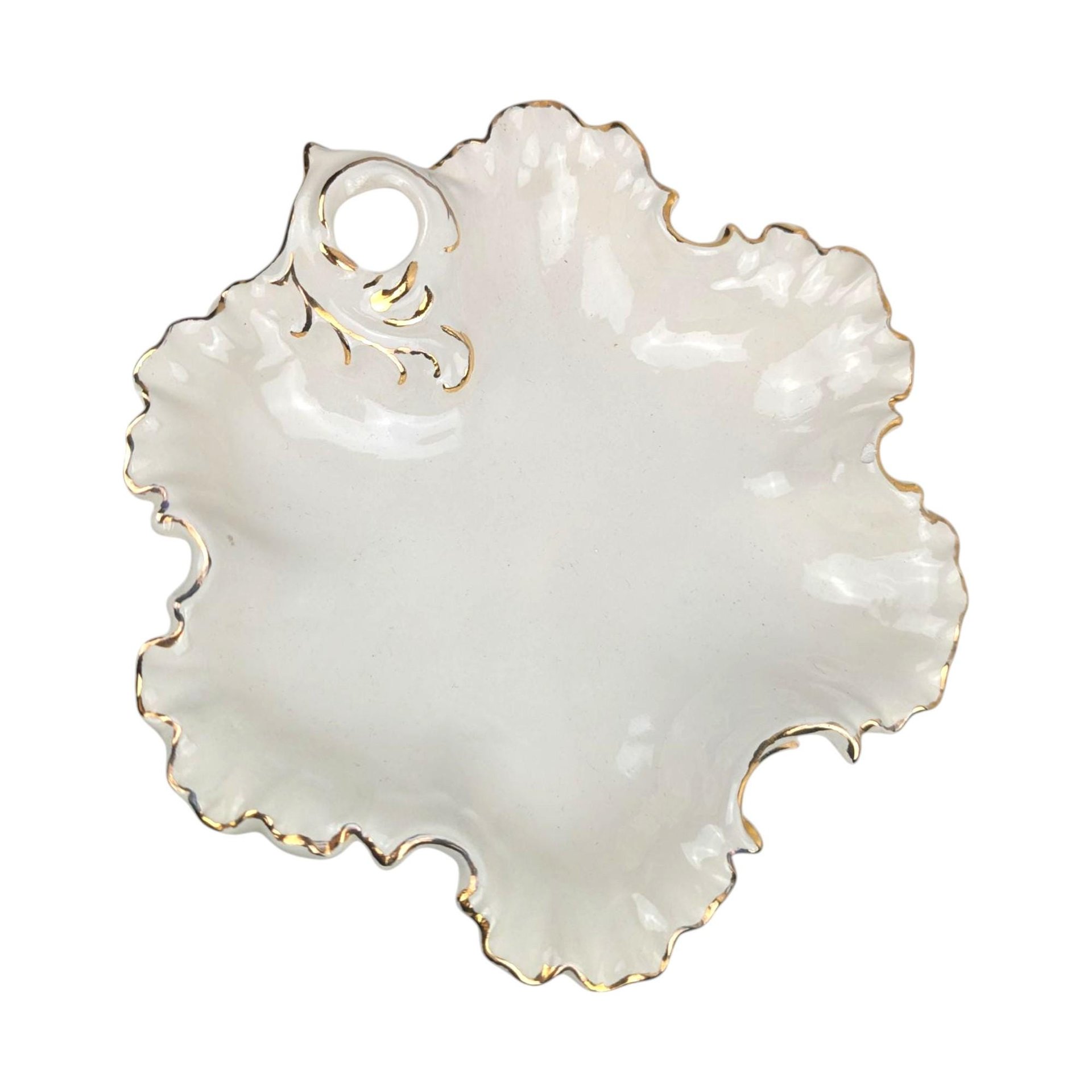 Vintage 1987 Ceramic Leaf Dish: Cream and Gold Gilt Trinket Tray, Hollywood Regency Candy Dish