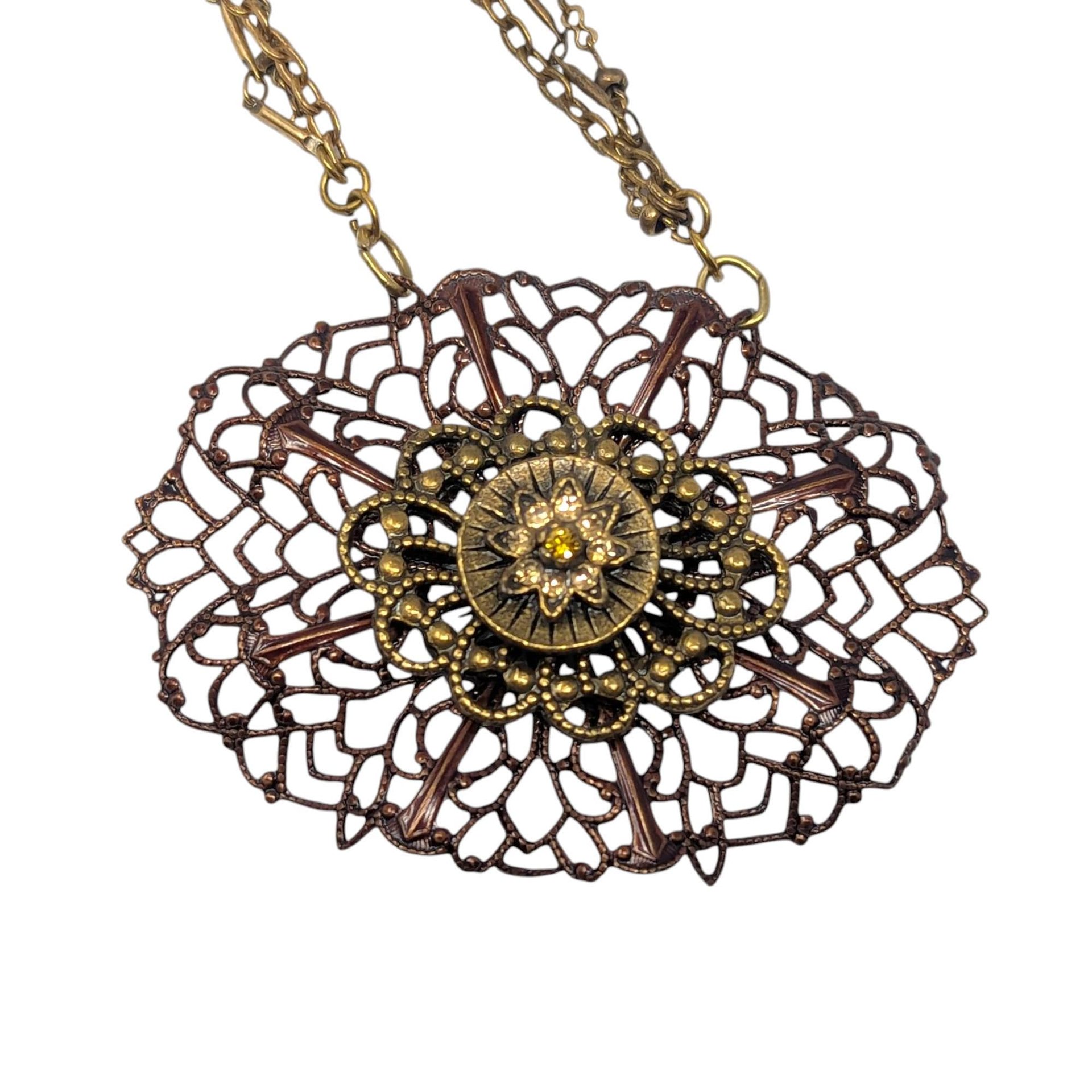 Vintage KC 3 Strand Necklace: Bronze Tone Filigree Medallion Pendant