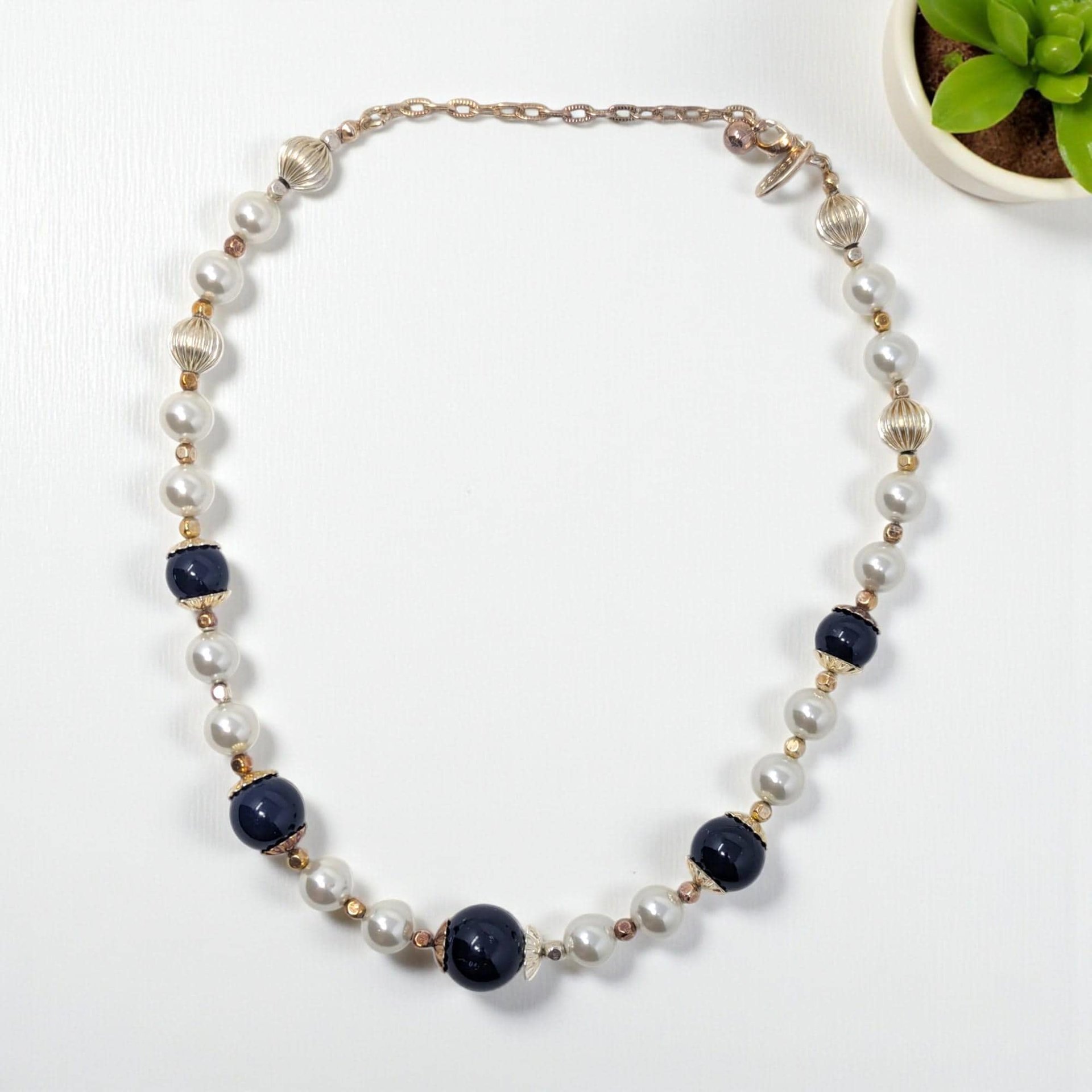 Vintage George Beaded Necklace: Navy Blue Glass and Faux Pearl