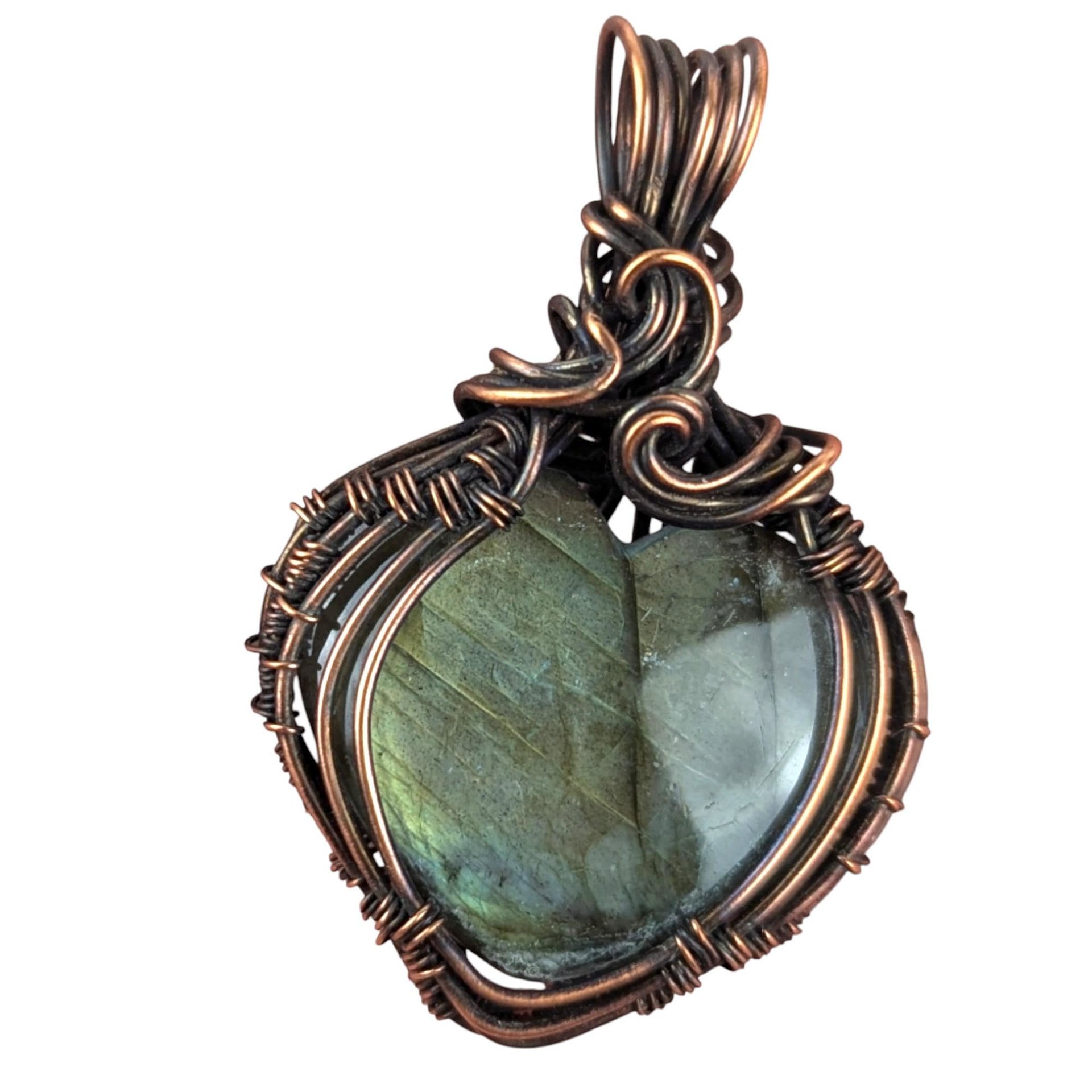 Copper Labradorite Heart Pendant: Handmade Wire Wrapped Jewelry