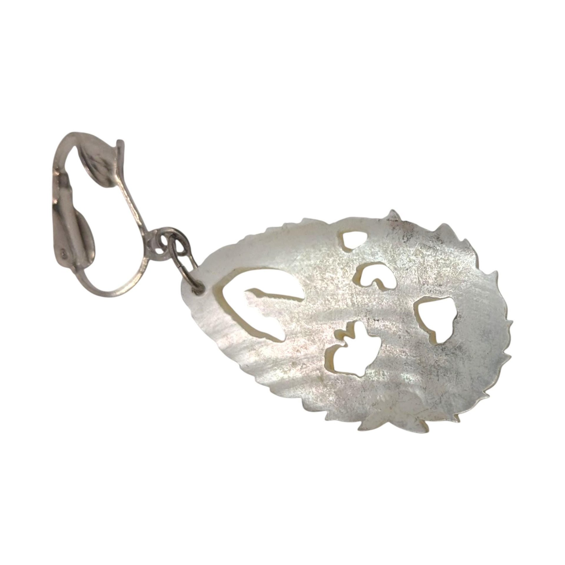 Vintage Carved Shell Bird Earrings: Mother of Pearl Clip On Dangles