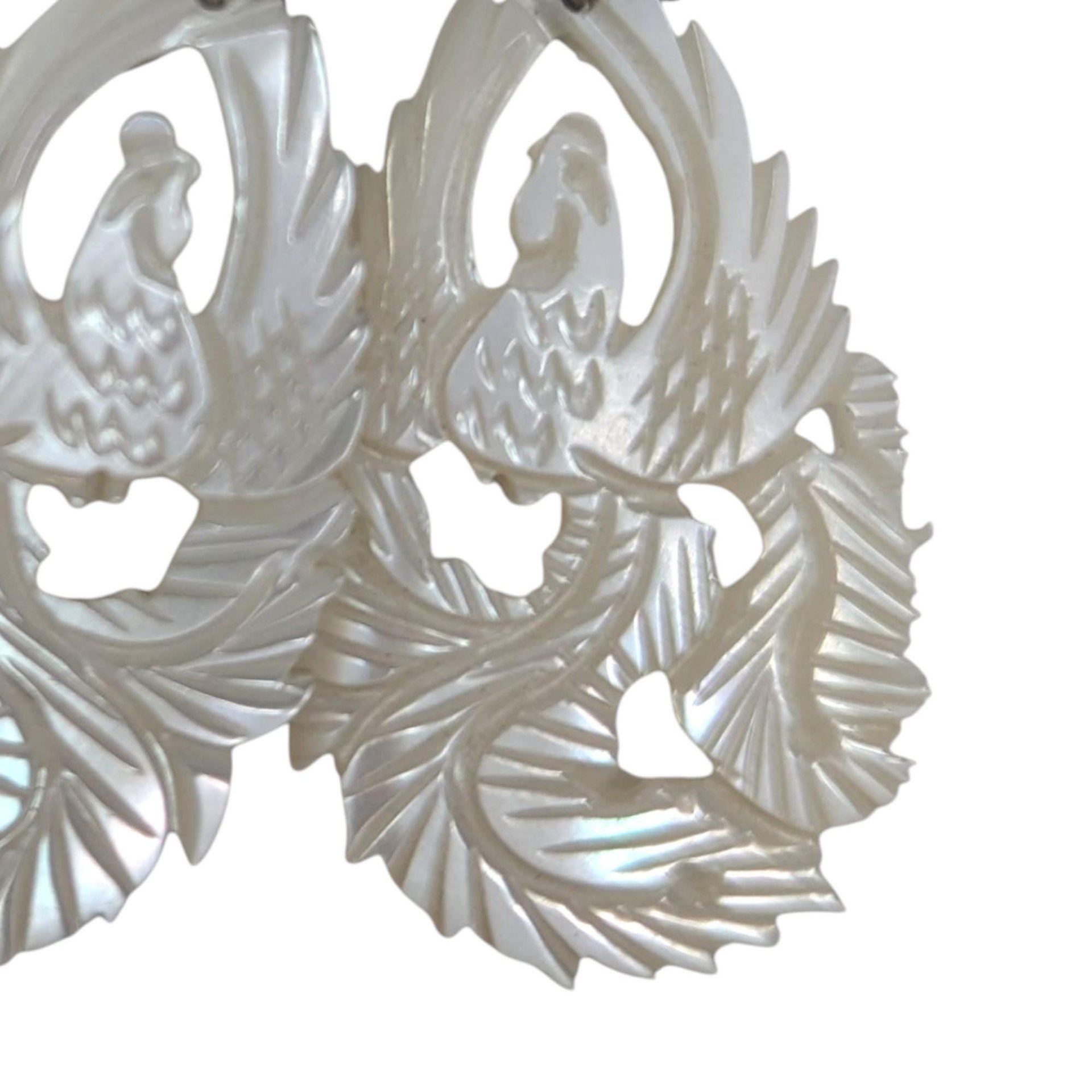 Vintage Carved Shell Bird Earrings: Mother of Pearl Clip On Dangles