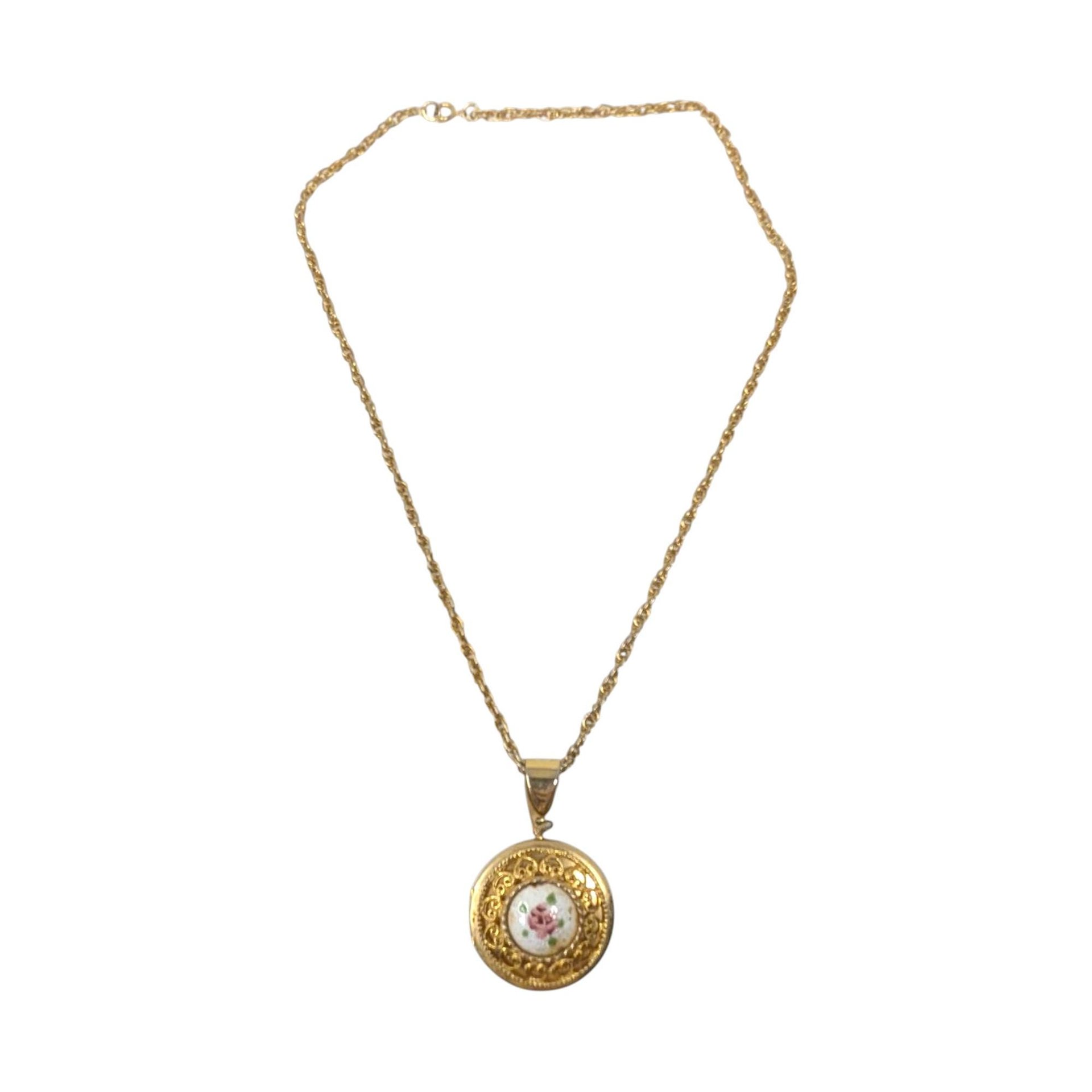 Vintage Pink Rose Locket Necklace: Gold Tone Ornate Floral Jewelry